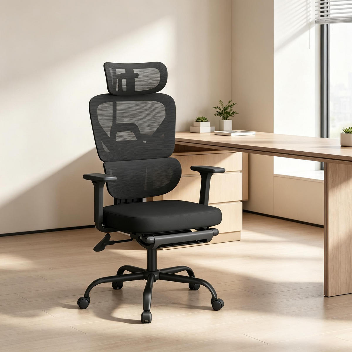 DREHSTUHL mit Fußstütze ergonomisch bis 150 kg belastbar - Schwarz, Leder (53/120/76cm) - Gisaae