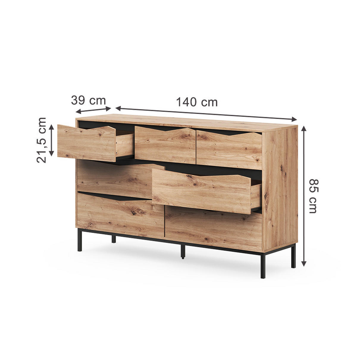 SIDEBOARD Elvano, Eiche/Schwarz, 140 x 85 cm mit 7 Schubladen - Eichefarben/Schwarz, Holzwerkstoff (140/85/39cm) - Vicco