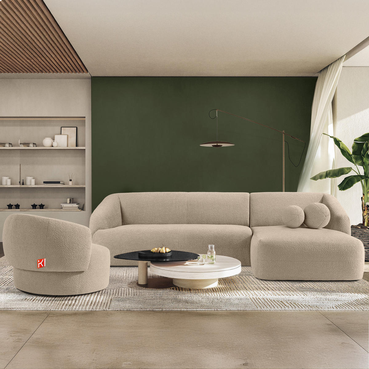 ECKSOFA RECHTS VIRA, Hellbeige, Bouclé - Hellbraun/Schwarz, Holz/Holzwerkstoff (300/160cm) - KONSIMO®