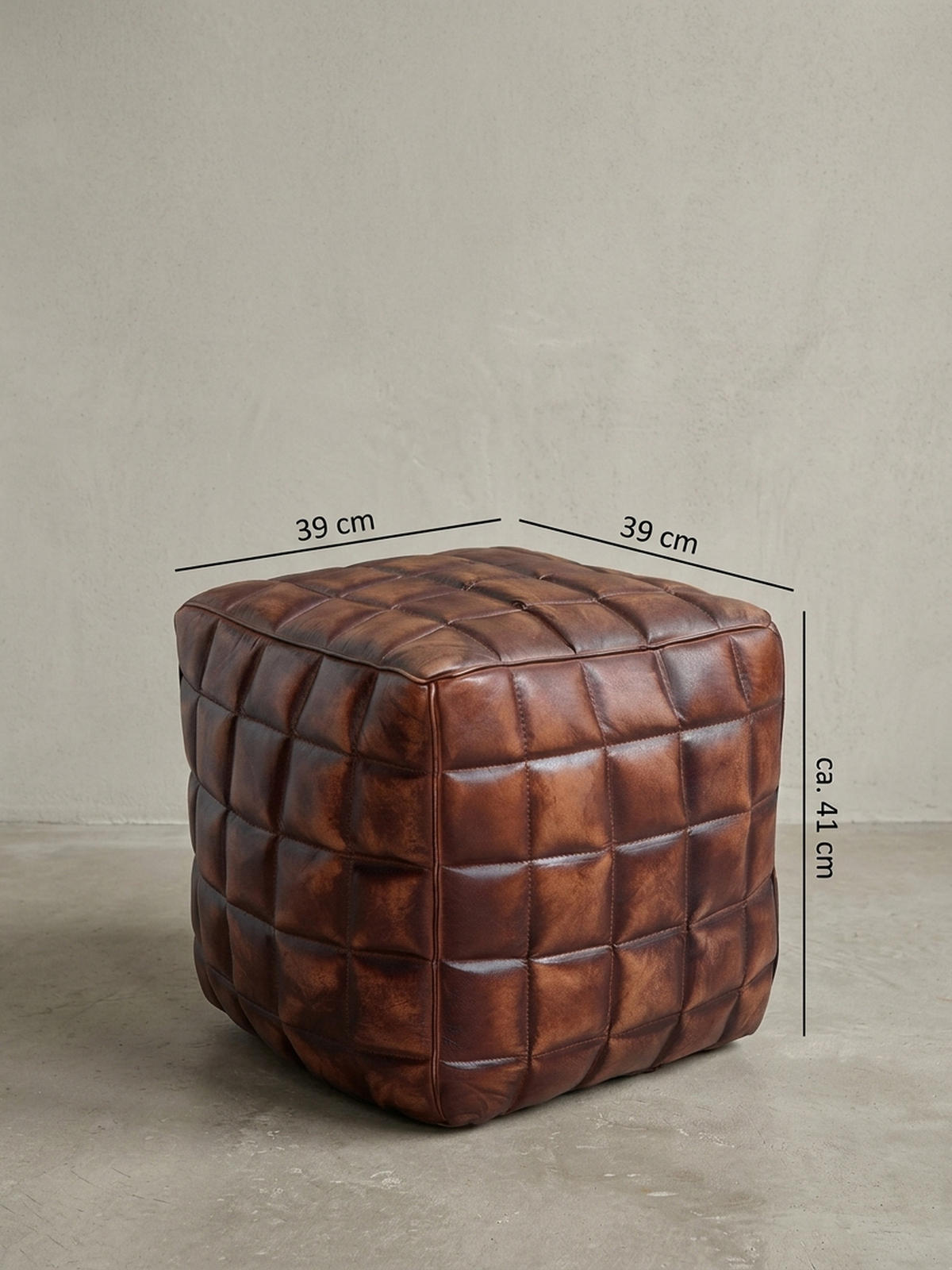 SITZHOCKER – Echtleder, 41x39x39 cm, abgesteppte Quadrate, Used-Look - Braun, Leder (39/41/39cm) - KADIMA DESIGN
