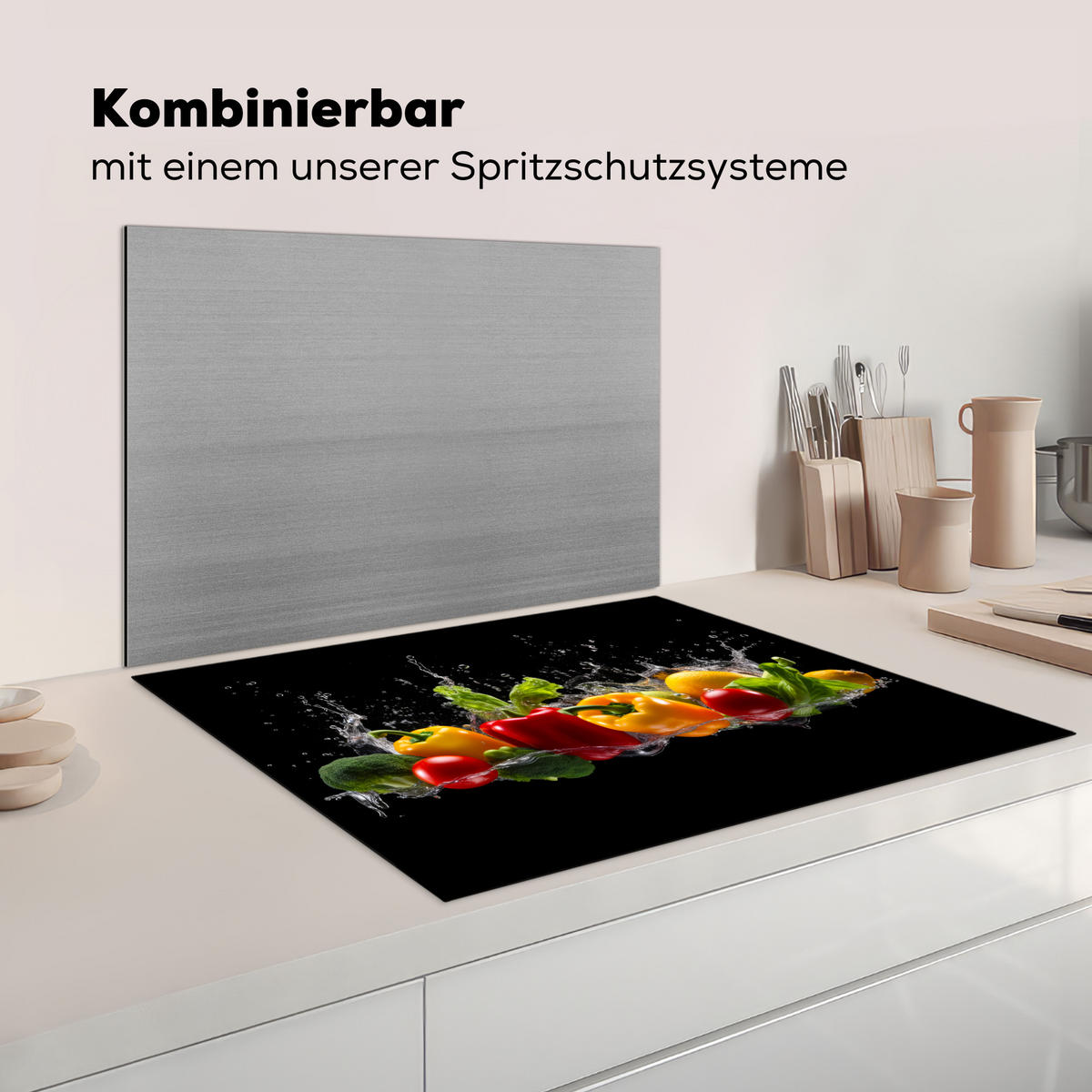 HERDABDECKPLATTE Paprika - Wasser - Gemüse - Schwarz Induktionsmatte 77x59 cm - Multicolor, Kunststoff (77/59/0.2cm) - MuchoWow