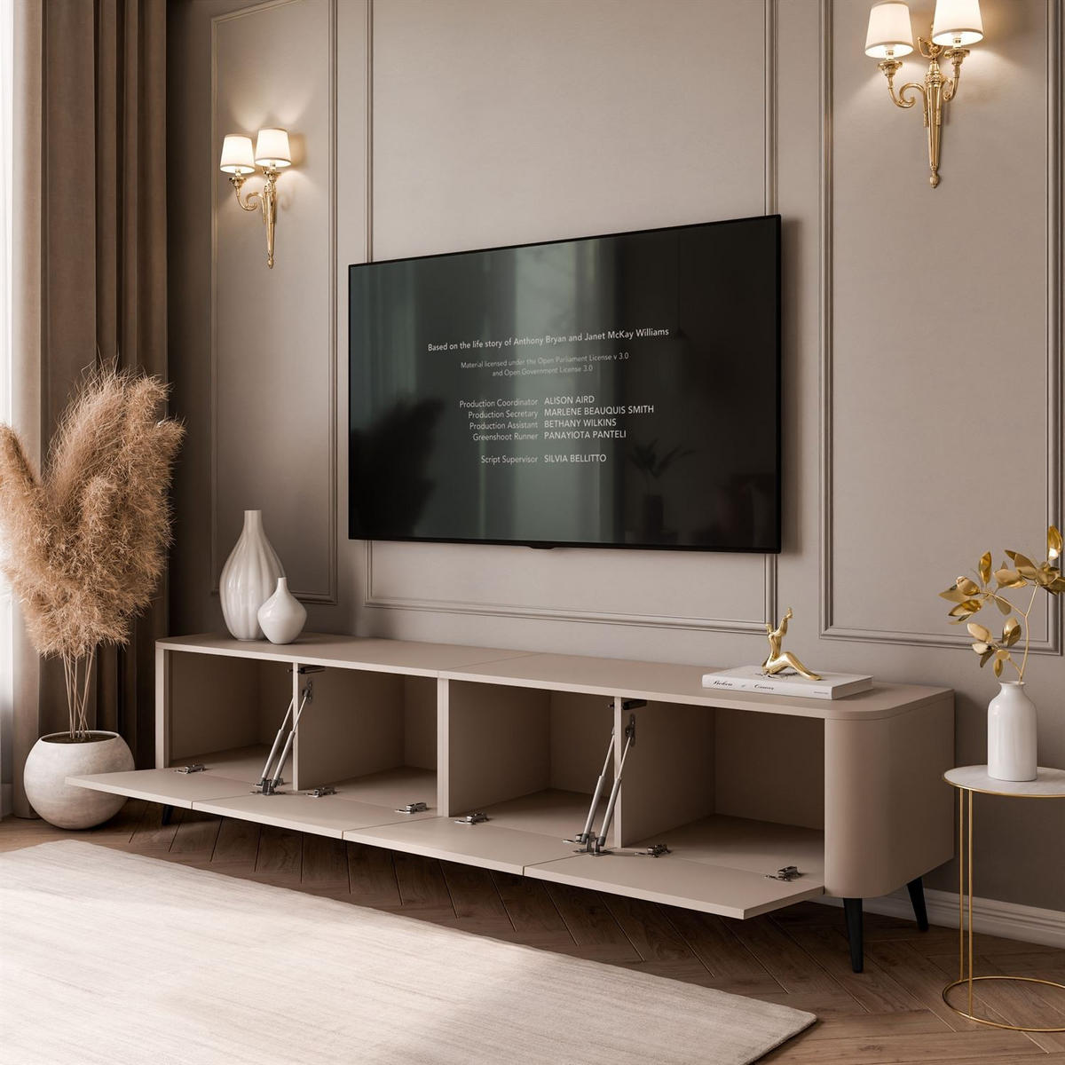 TV-SCHRANK CELESTE PUSH OPEN mit Beleuchtung auf Schräge schwarze Füßen - Kaschmir, Holzwerkstoff (200/46.5/40cm) - Lookway