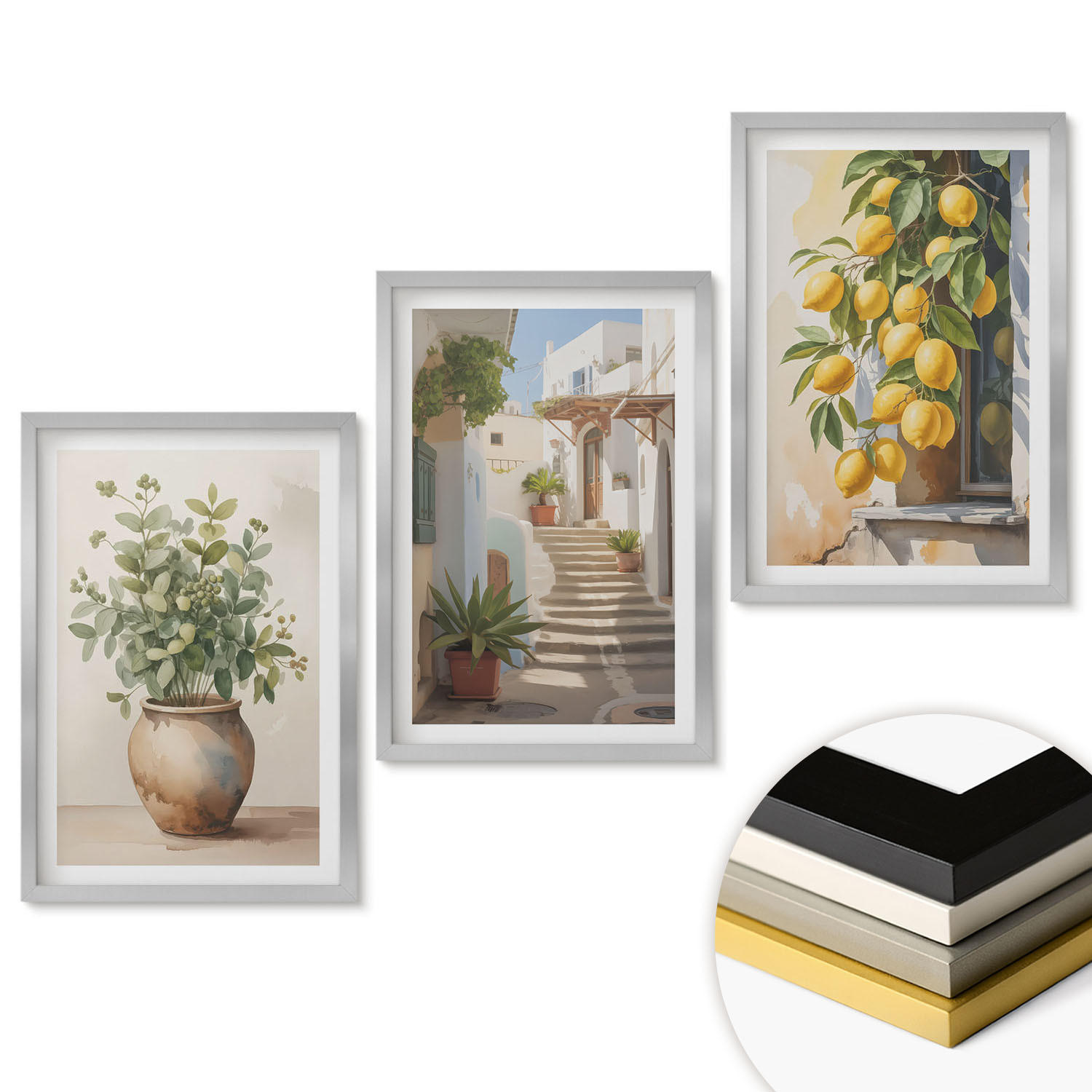 WANDBILDER 3er Set - 40x60 cm Silberner Rahmen - Zitronenblumen im Topf, Straßen - Silberfarben, Kunststoff (40/60cm) - ArtPrintCave