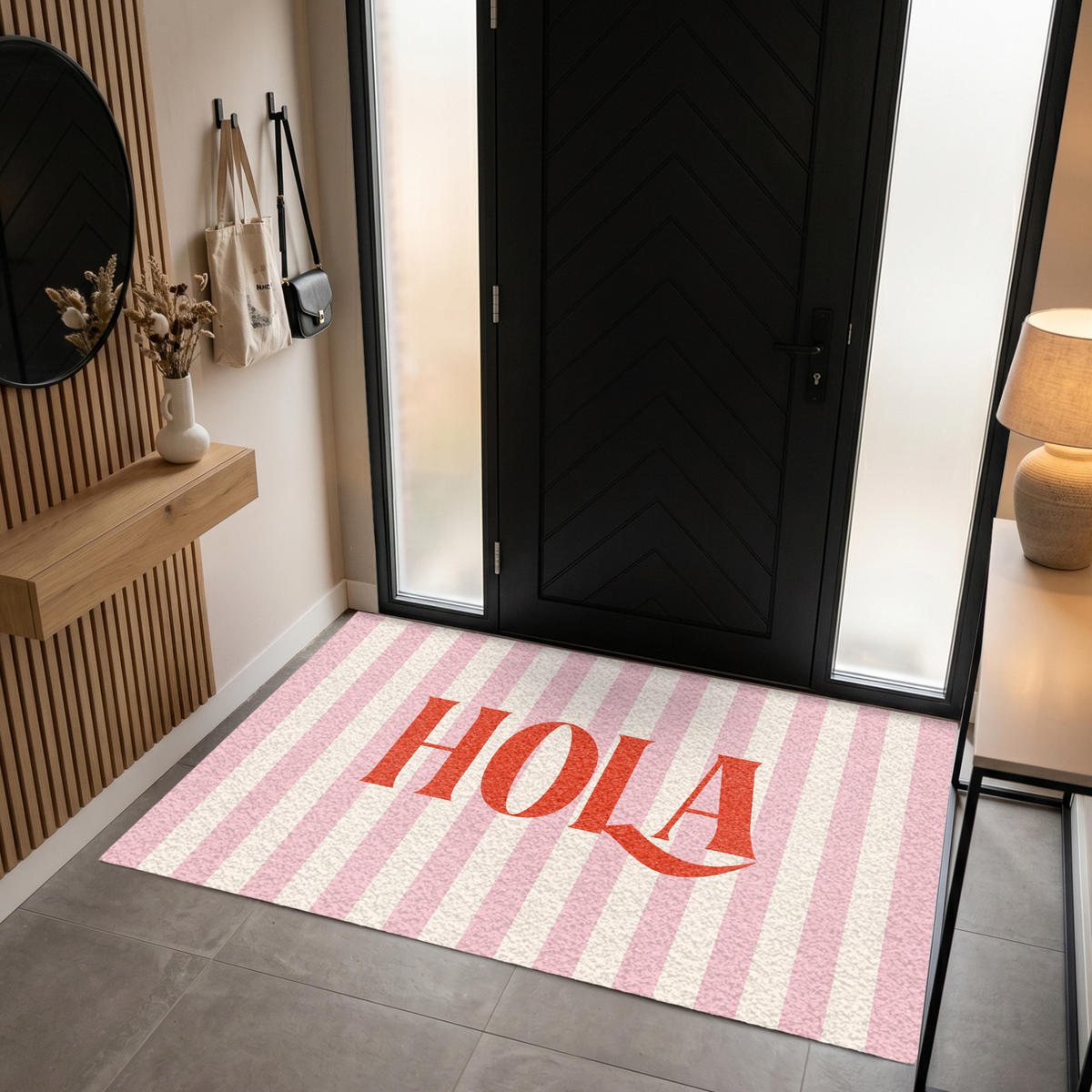 FUSSMATTE Hola - Zitat - Streifen - Pastell - Rosa - Rot - Weiß Schmutzfangmatte 180x120 cm - Rosa, Kunststoff (180/120cm) - MuchoWow
