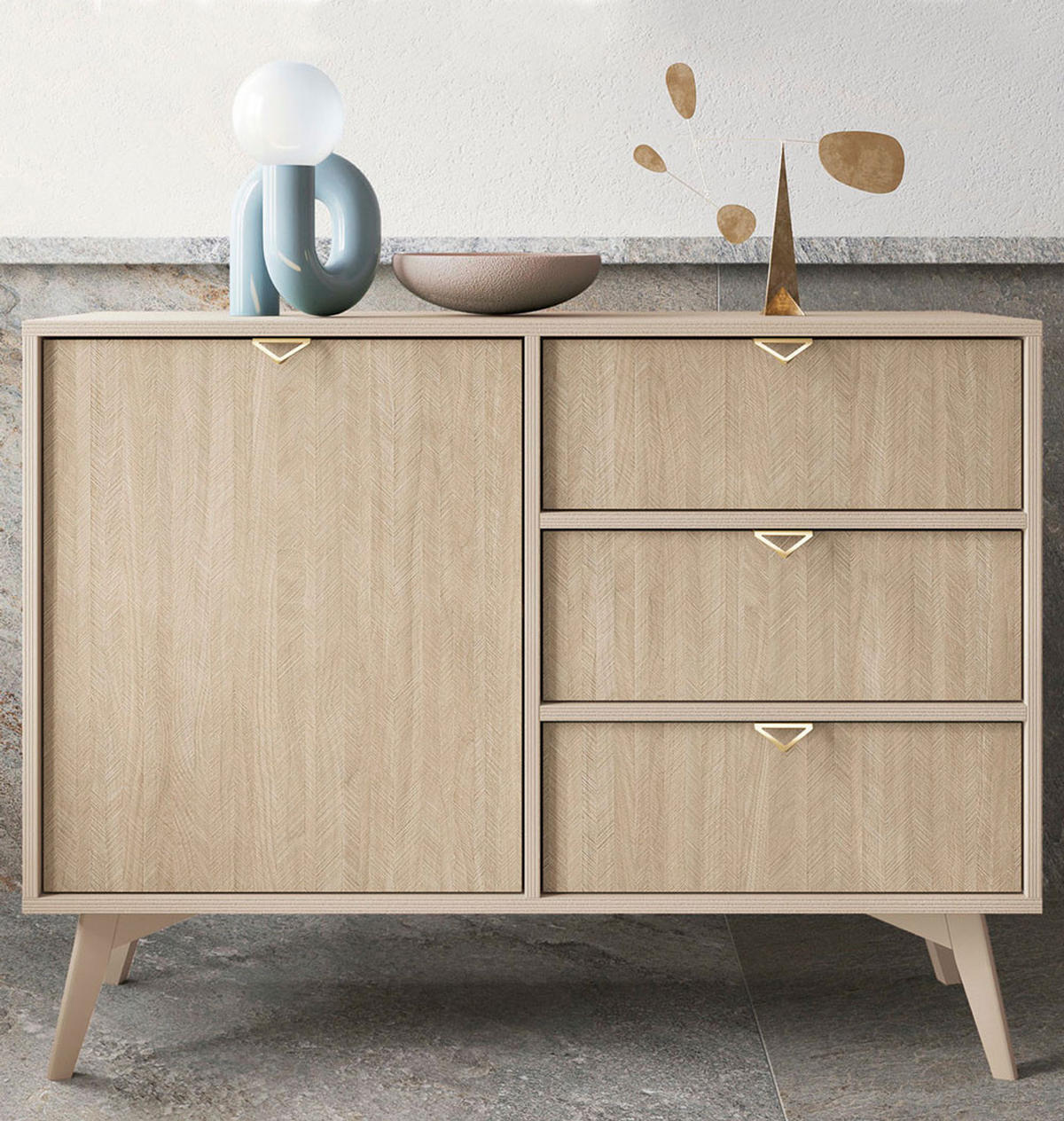 KOMMODE Forest beige / Herringbone Skandi 106 / 38 / 80cm - Beige/Braun, Holz/Holzwerkstoff (106/80/38cm) - Feldmann-Wohnen