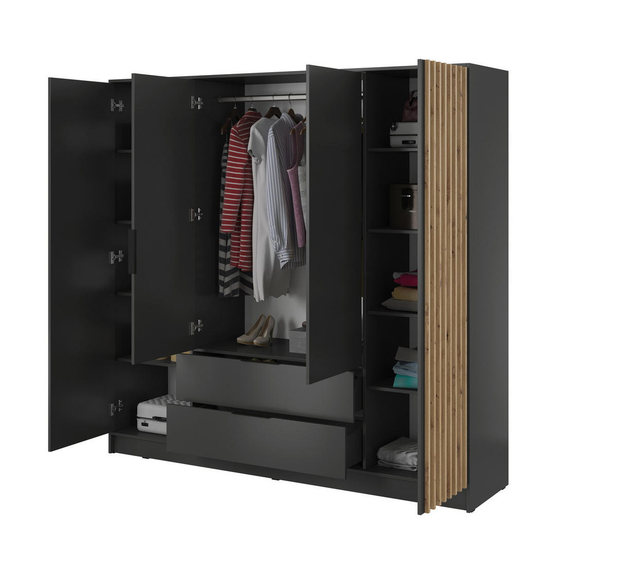 KLEIDERSCHRANK 200 cm Fioro - 4 Türen, Lamellen, Schubladen, Graphit - Graphitfarben, Holz (205/200/51cm) - Emporius