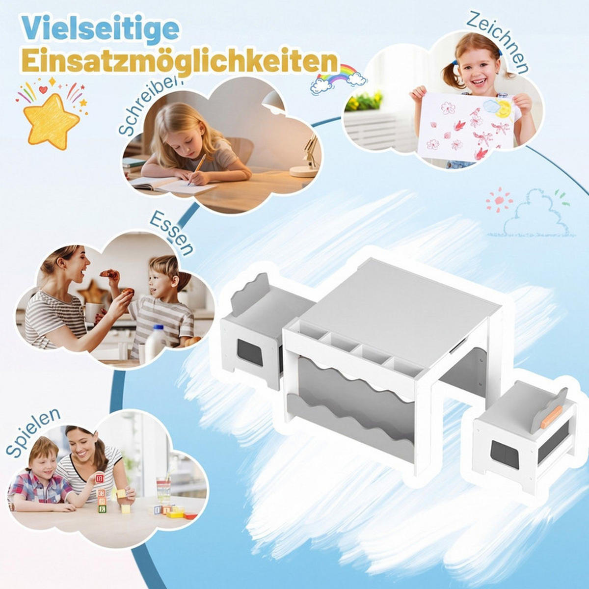 KINDERTISCH mit Stuhl grau(3-tlg) - Grau, Holzwerkstoff (66/48/64cm) - COSTWAY