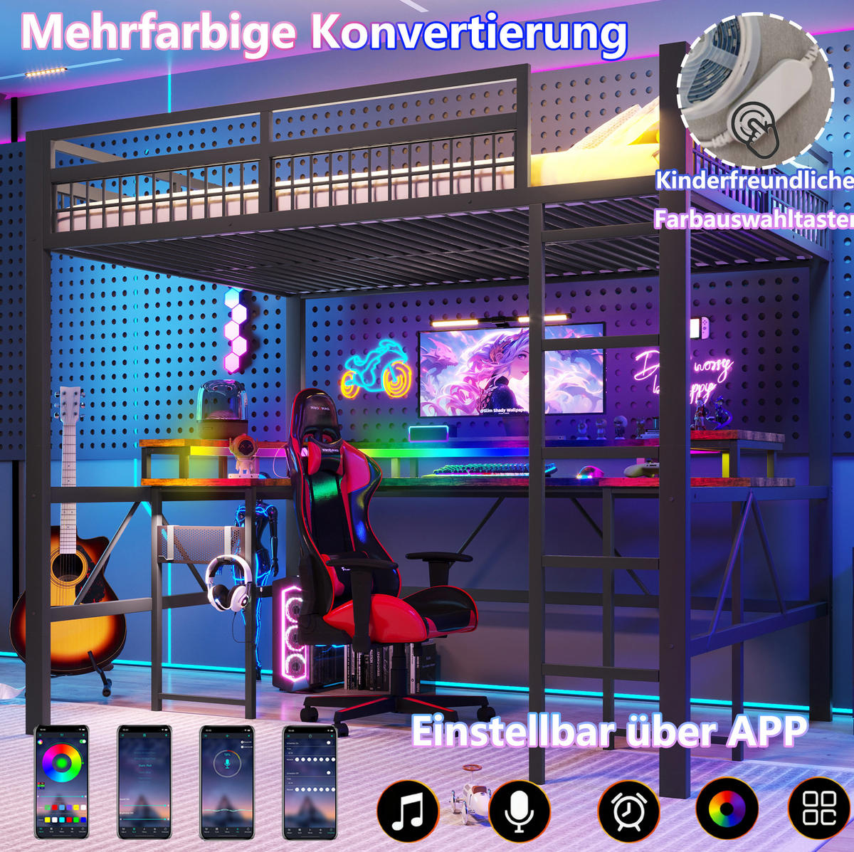 HOCHBETT 140/200 cm Schwarz aus Metall und MDF mit Schreibtisch - Schwarz, Metall (140/200cm) - OKMYHOME