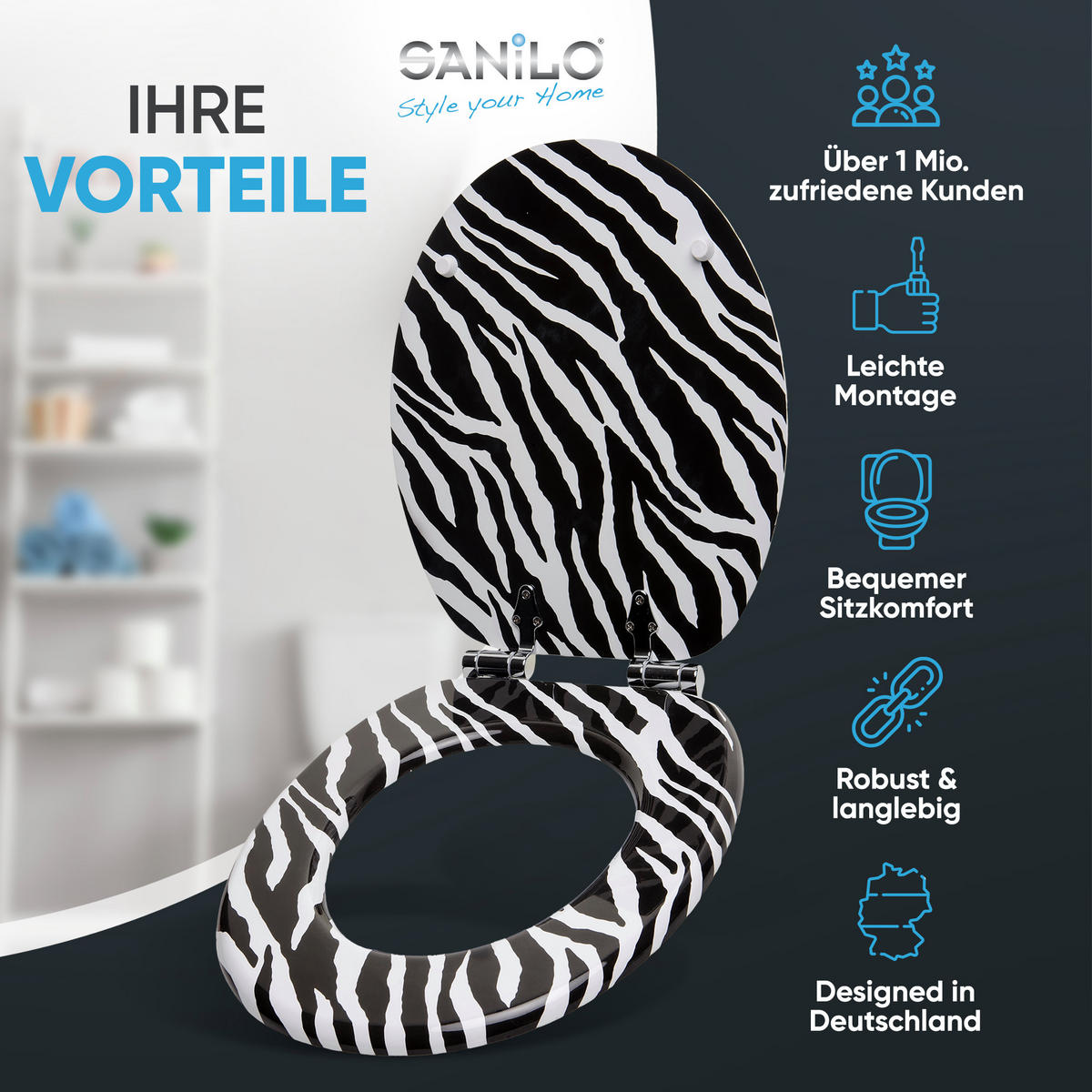 WC-SITZ mit Absenkautomatik Zebra Look - Schwarz, Holzwerkstoff (38/6/47cm) - Sanilo