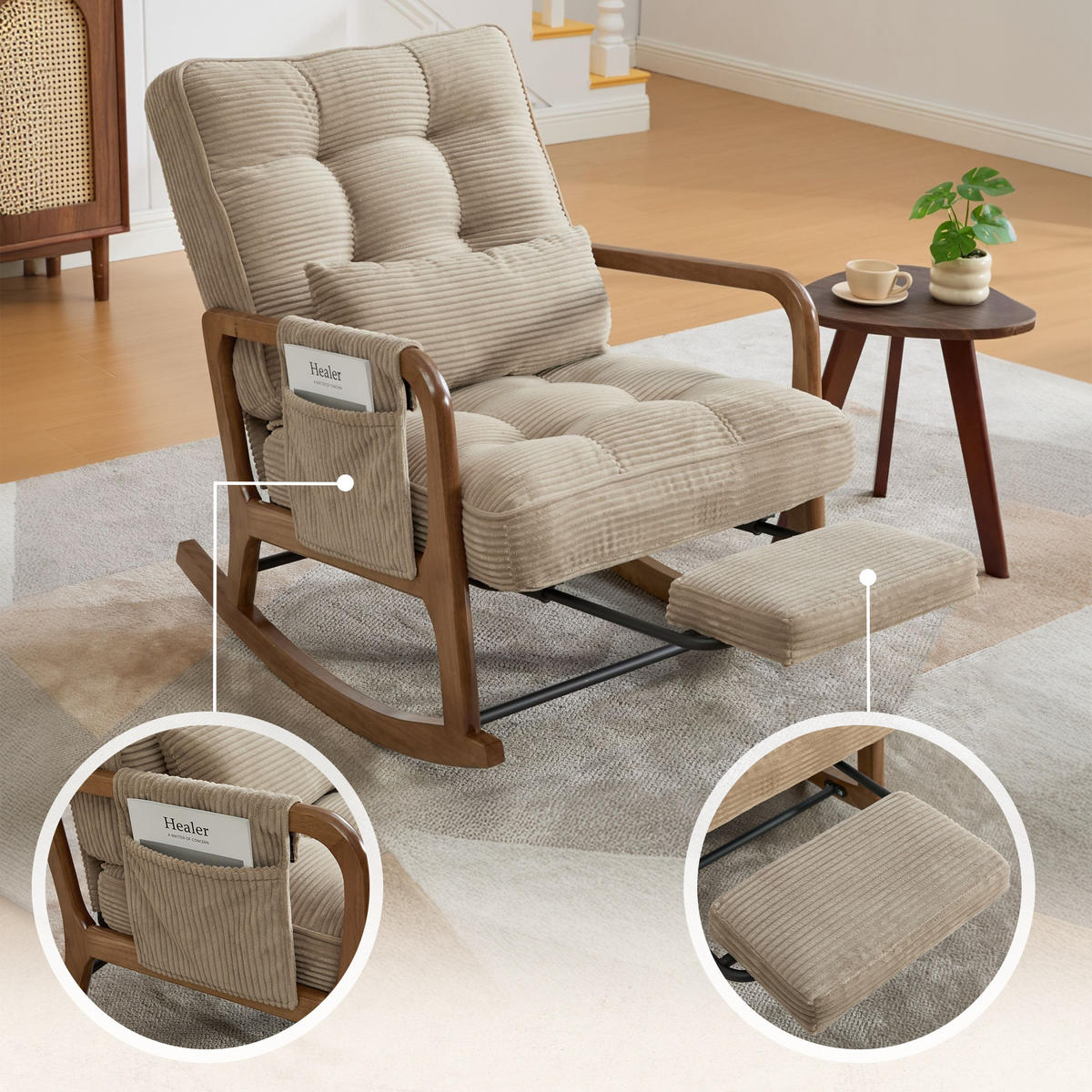 SCHAUKELSTUHL Relaxsessel mit Fußstütze,verstellbarer Rückenlehne,Cord,Khaki - Hellbraun, Textil (70/92/80cm) - LVHOM