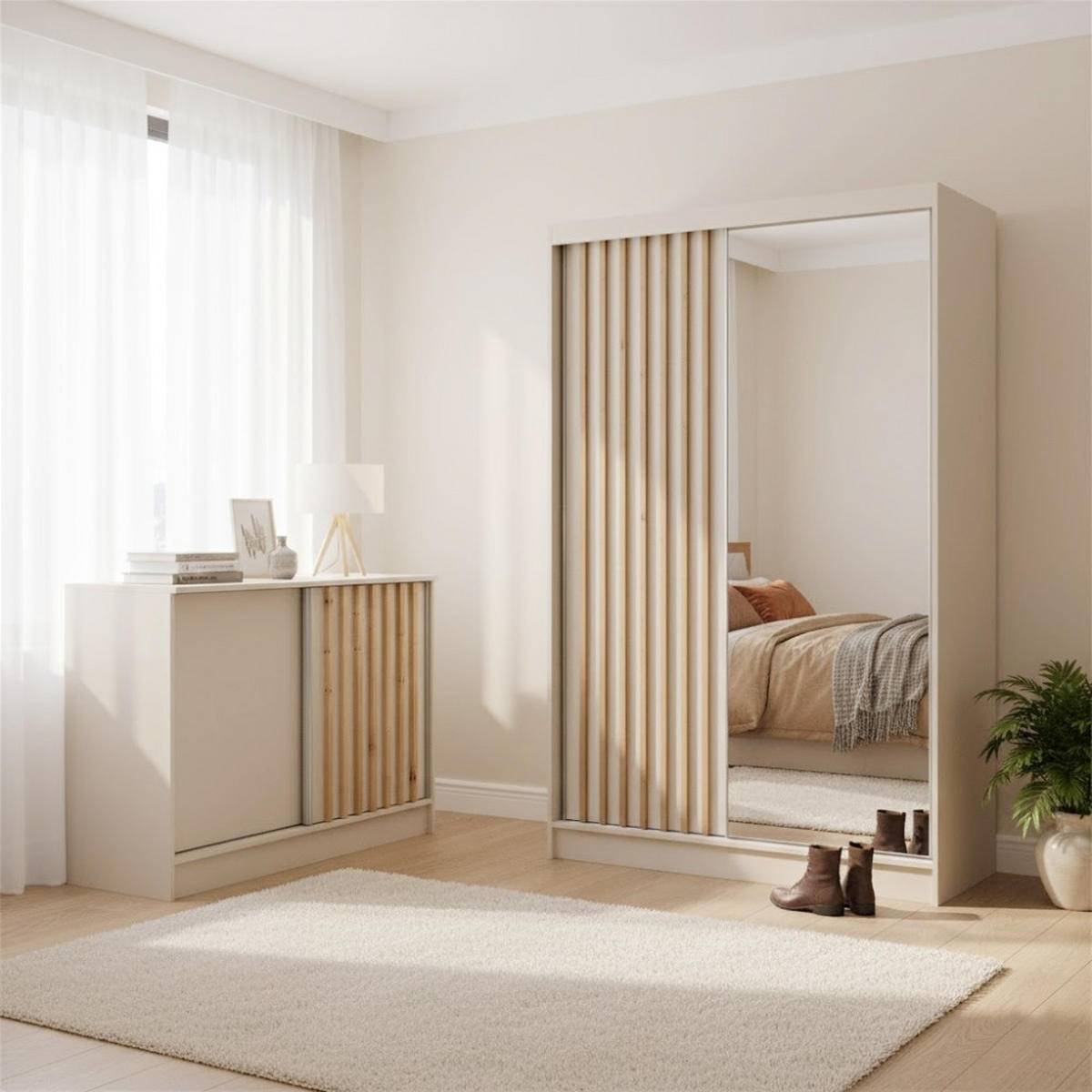 KOMODA Horizon se 2 posuvnými dveřmi, kašmír + dub Artisan, 100 cm - kašmírová, kompozitní dřevo (101/85/43.5cm) - Beautysofa