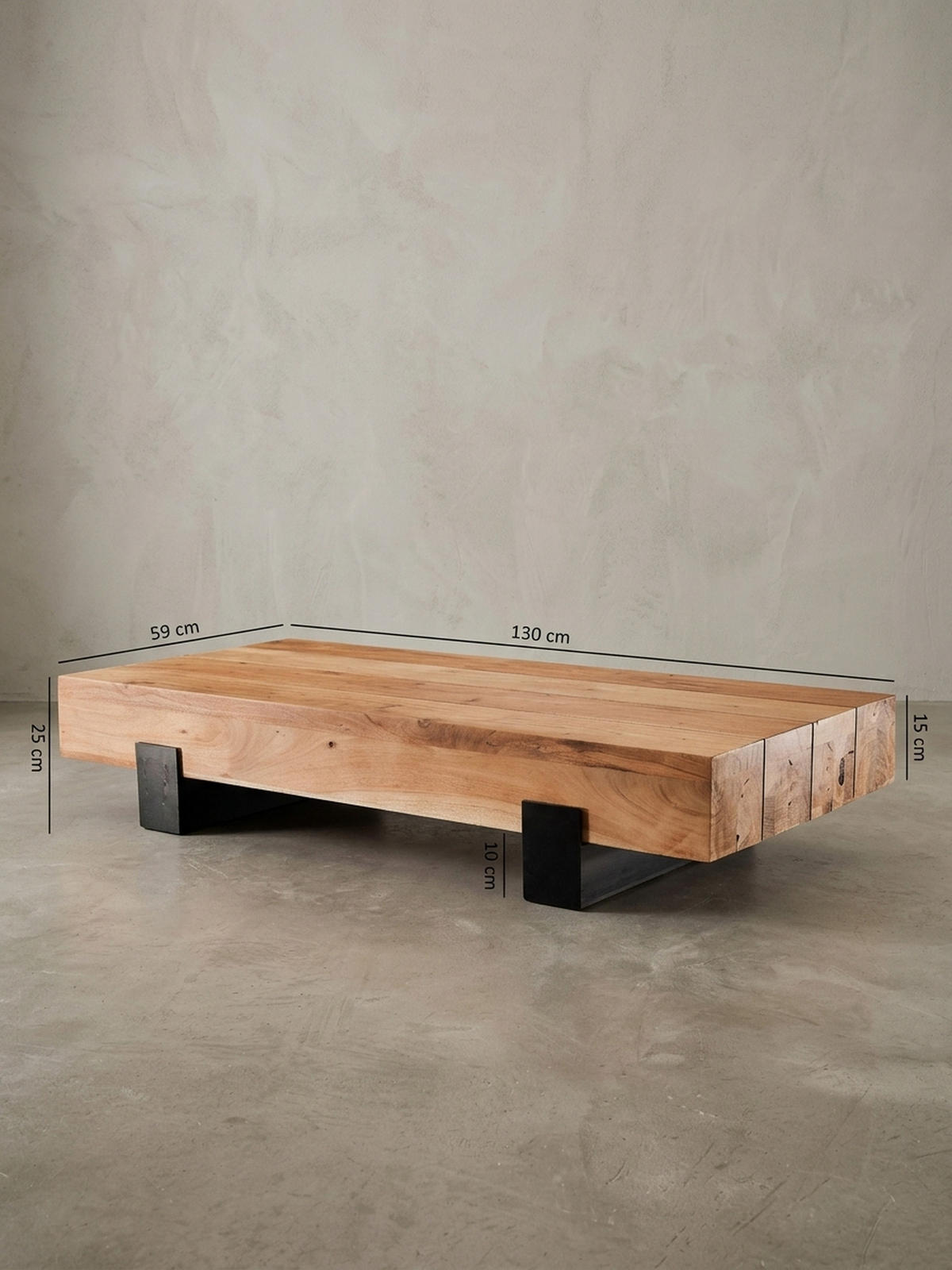 COUCHTISCH Industrie-Stil in Akazienholz und Schwarz Metall, Maße 130x25x59 cm - Beige/Schwarz, Holz/Metall (59/130/25cm) - KADIMA DESIGN