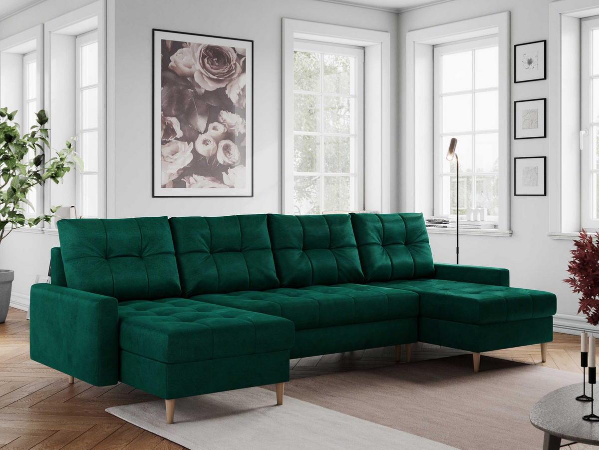 WOHNLANDSCHAFT Colin U Velvet Dunkelgrün - Dunkelgrün/Braun, Holz/Textil (290/75/140cm) - MKS