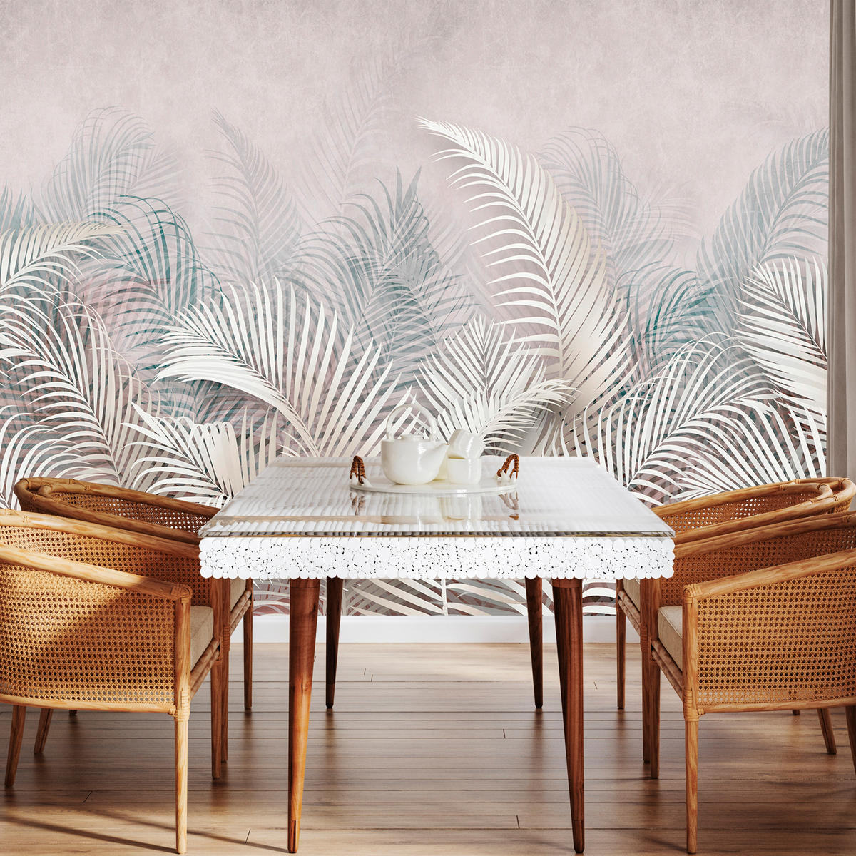 FOTOTAPETE für Schlafzimmer Tropische Blätter Palmenblätter Delikat 250x175 - Beige/Braun, Papier (250/175cm) - Muralo