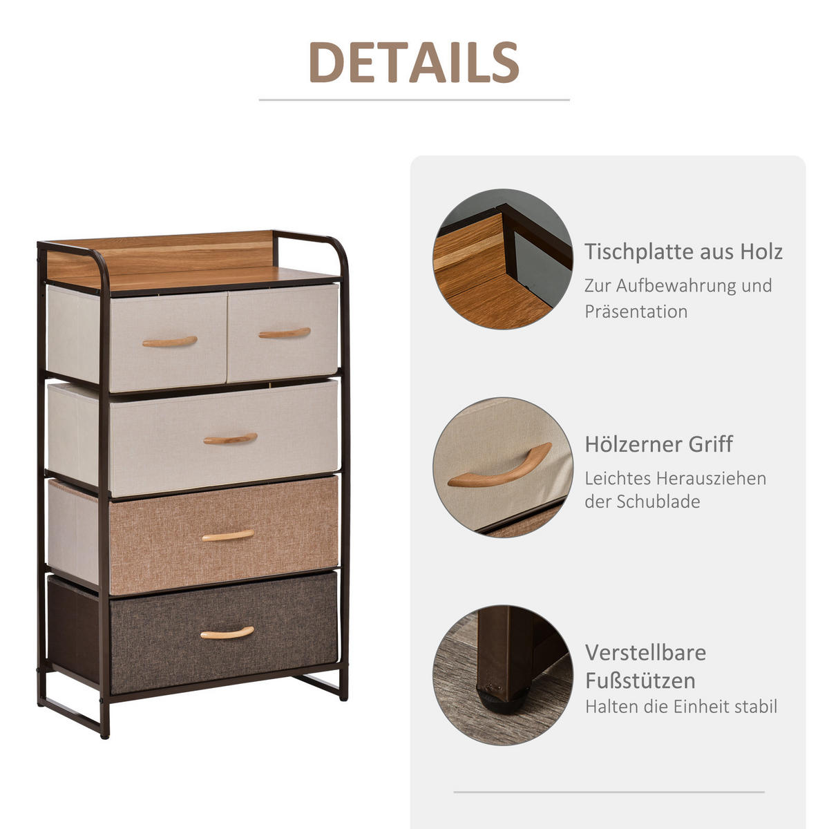 KOMMODE, Sideboard mit 5 Faltbaren Stoff-Schubladen, Braun - Braun, Textil (58/99/29cm) - HOMCOM