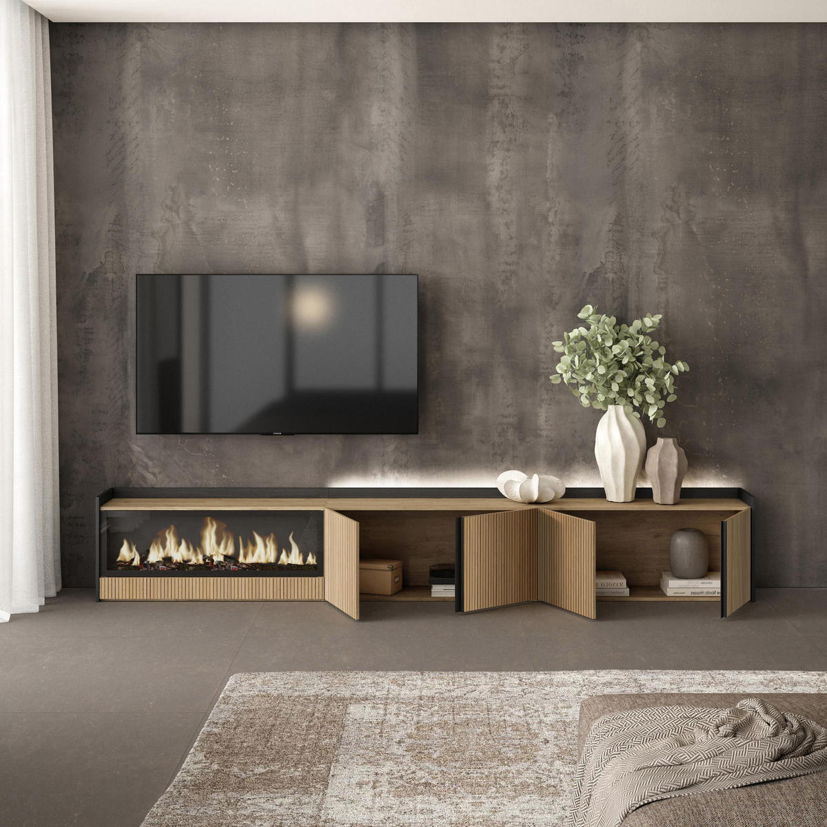 LOWBOARD, Eiche und Schwarz, 315/35/50cm, Elektrokamin XXL, Led - Eichefarben, Holzwerkstoff (315/50/35cm) - Skraut Home