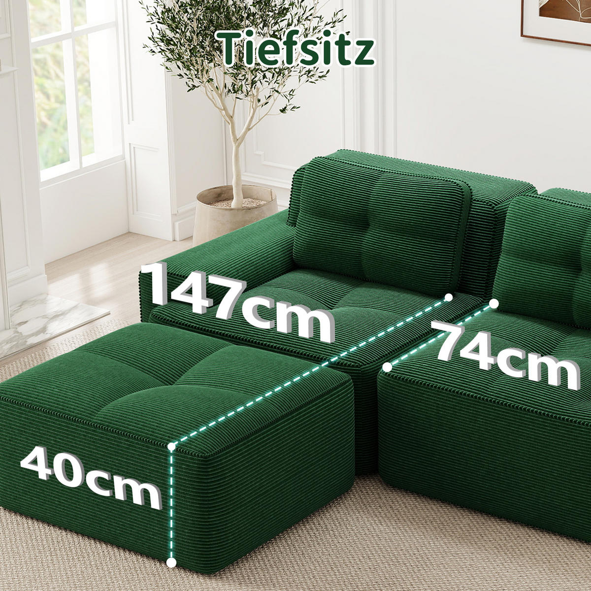 3-SITZER SOFA cord montagefrei & extratiefer sitz - Grün, Textil (293/69/104cm) - Urban Meuble