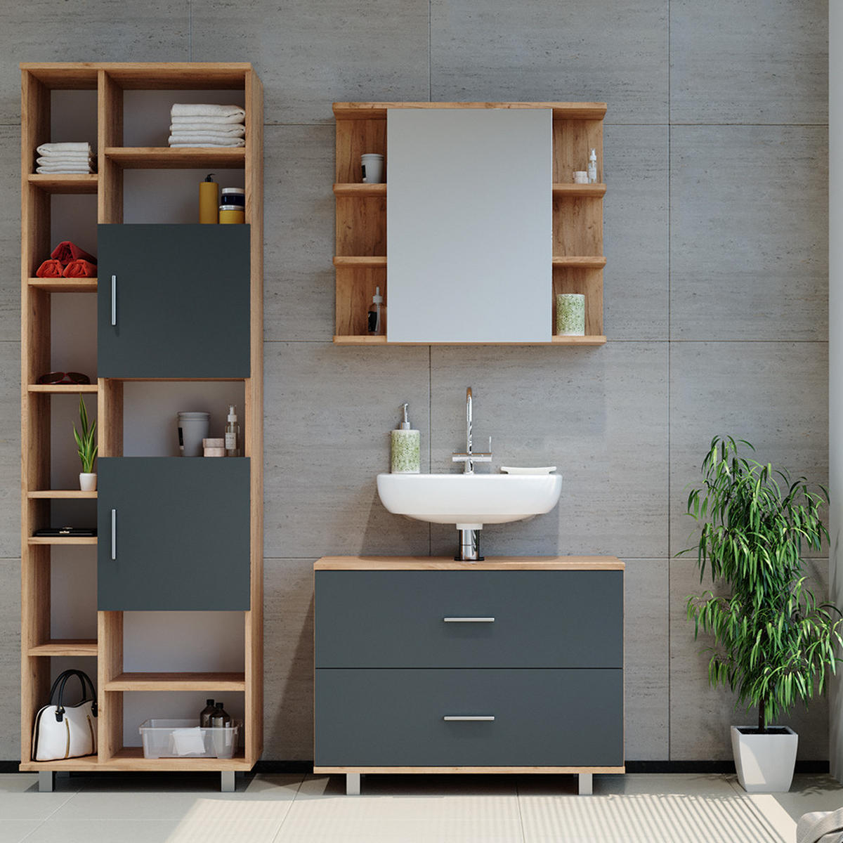 BADMÖBEL-SET Ilias Anthrazit/Goldkraft Eiche 3 Teile, mit Hochschrank - Honigeiche/Anthrazit, Holzwerkstoff (80.2/60.8/33cm) - Vicco