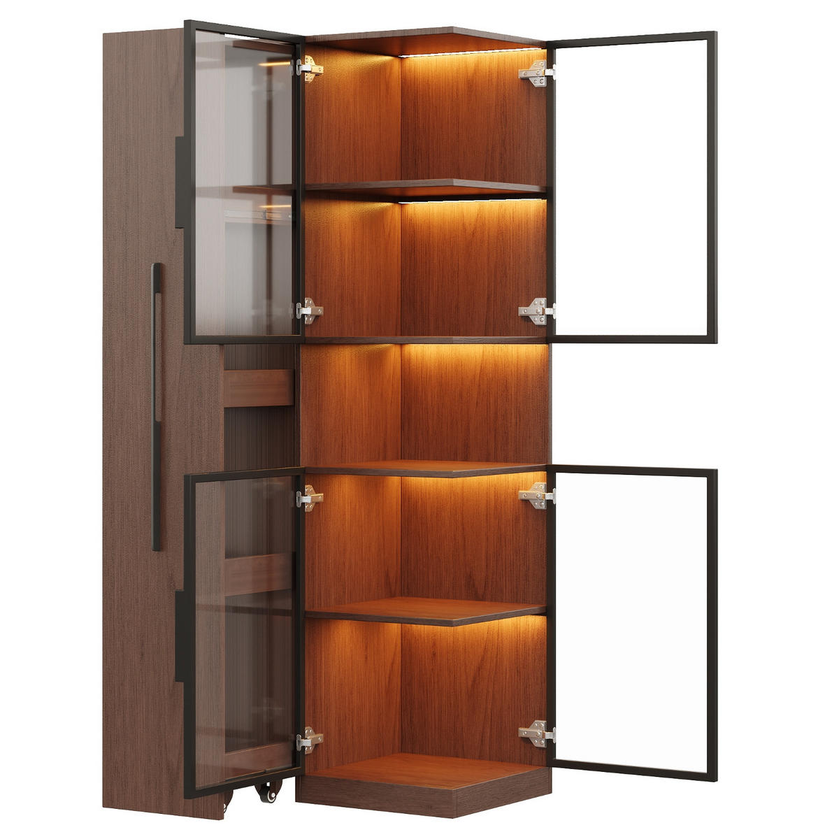 KÜCHENSCHRANK mit LED Beleuchtung 70/160/38 cm MDF Glasvitrine Walnuss MIT AUSZIEHREGAL für Wohnzimmer - Graubraun, Holzwerkstoff (38/160/70cm) - Rolipo