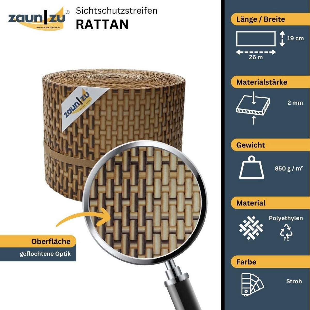 SICHTSCHUTZSTREIFEN Rattan PE für Doppelstabmatten Stroh 26m - Akaziefarben, Kunststoff (2600/19cm) - ZAUN|ZU