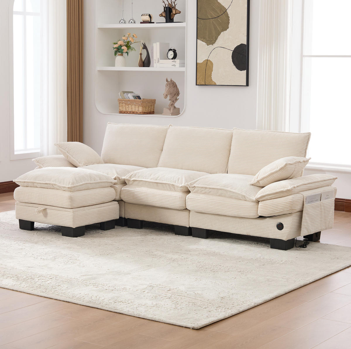 3-SITZER aus Cord 260x132x84 cm in Beige mit USB-C & Seitentaschen - Beige, Textil (132/84/260cm) - Modfu