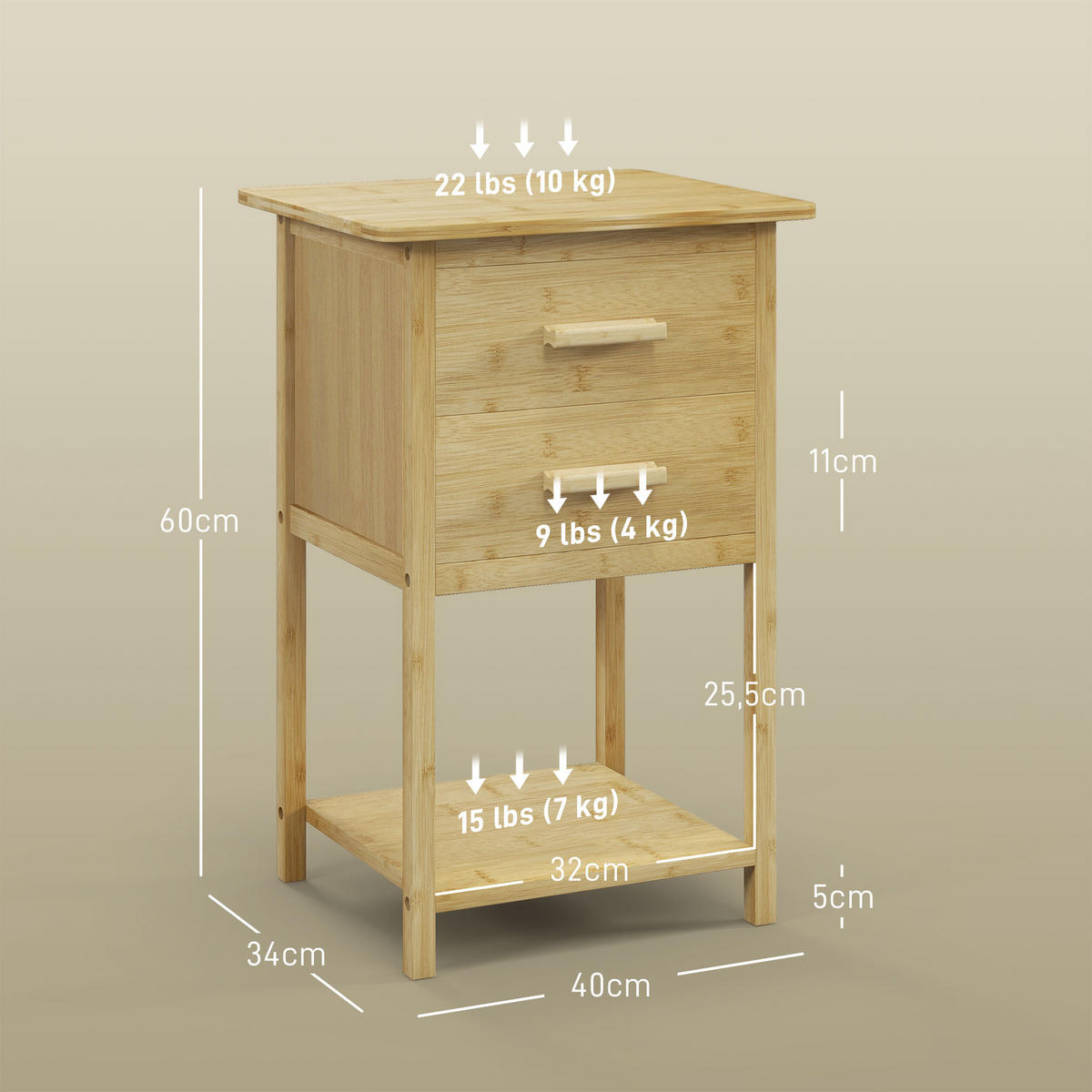NACHTTISCH mit Schublade, Ablage, mit Griff, für Schlafzimmer, Natur - Naturfarben, Holz (34/60/40cm) - HOMCOM