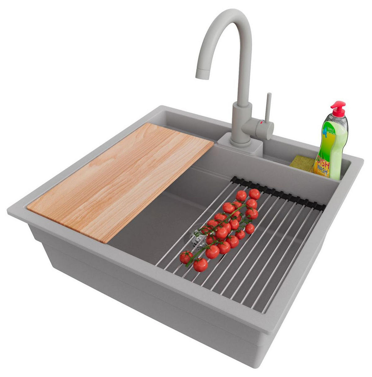 GRANITSPÜLE Bergen Pocket, 2-er set Grau 56/54 cm 1 Becken + Küchenarmatur 32/20 cm + Ablauf-Set + Küchenzubehörset ab 60er Unterschrank - Chromfarben/Beige, Kunststoff (56/20/54cm) - Primagran