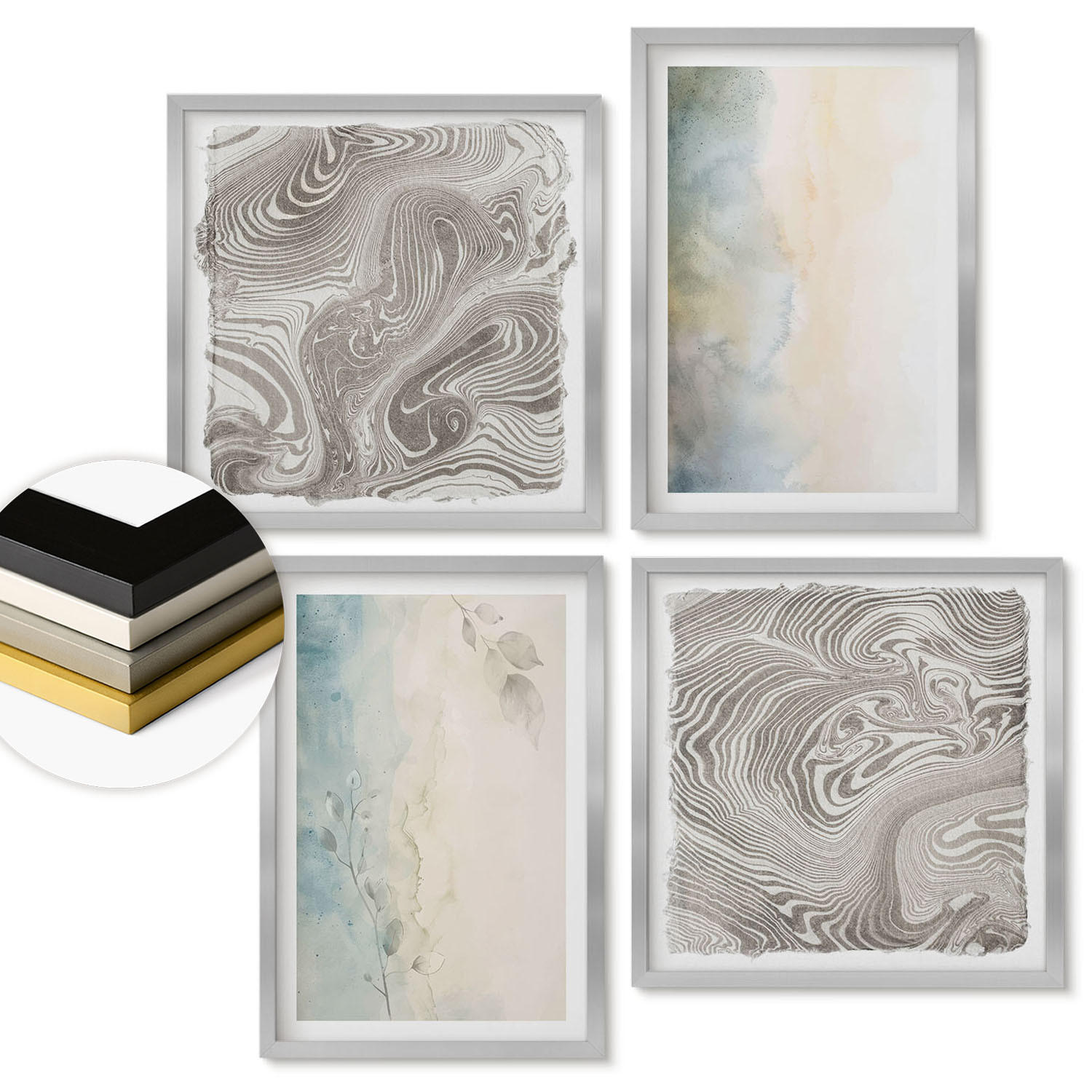 WANDBILDER 4er Set - 50x50 cm & 40x60 cm Silberner Rahmen - Zarte Aquarellkartons - Silberfarben, Kunststoff (50/50cm) - ArtPrintCave