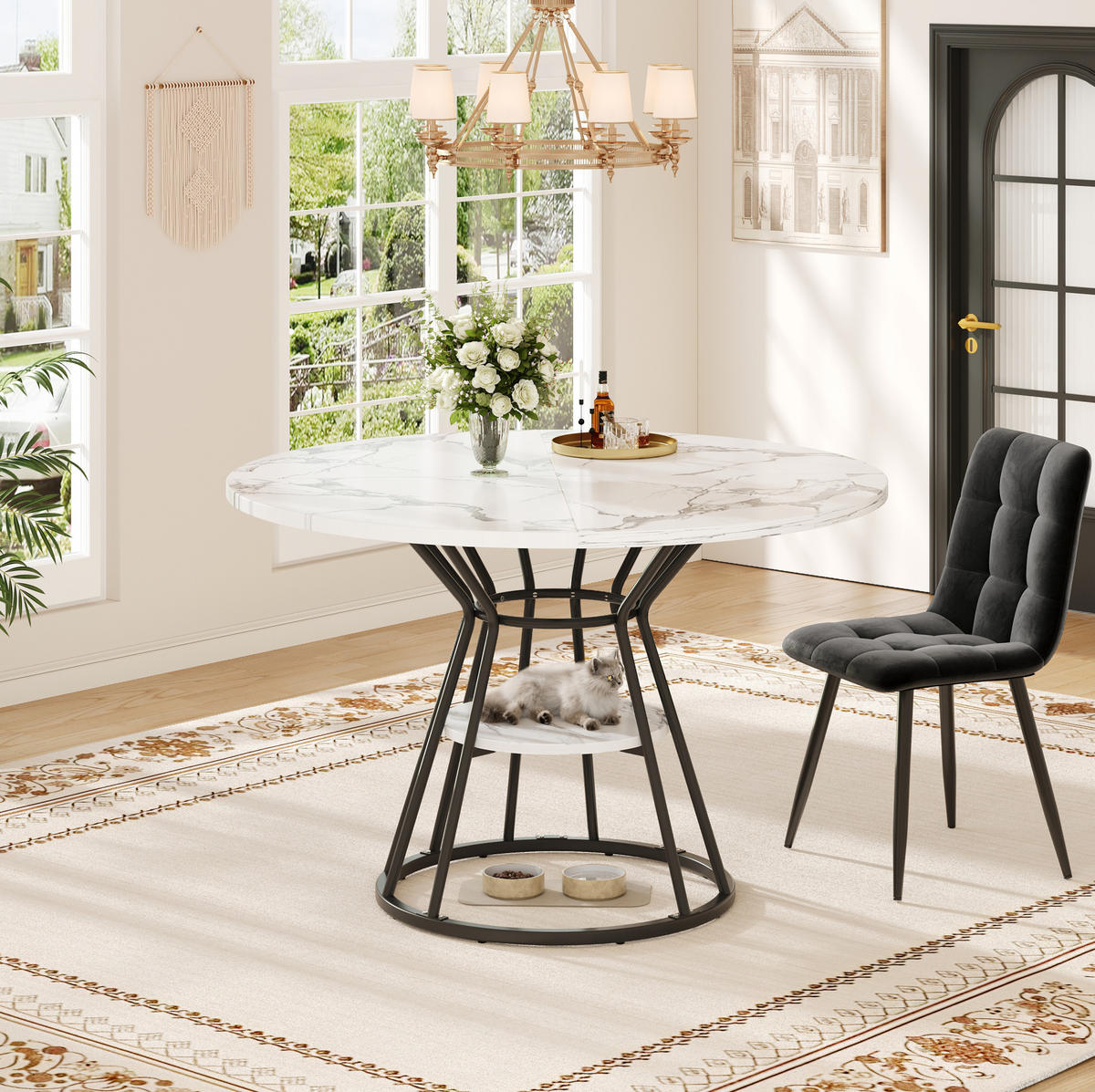 ESSTISCH 100x100x76 cm in Schwarz aus MDF mit Marmoroptik und Metallgestell mit Ablage - Schwarz, Holzwerkstoff (100/100/76cm) - Modfu