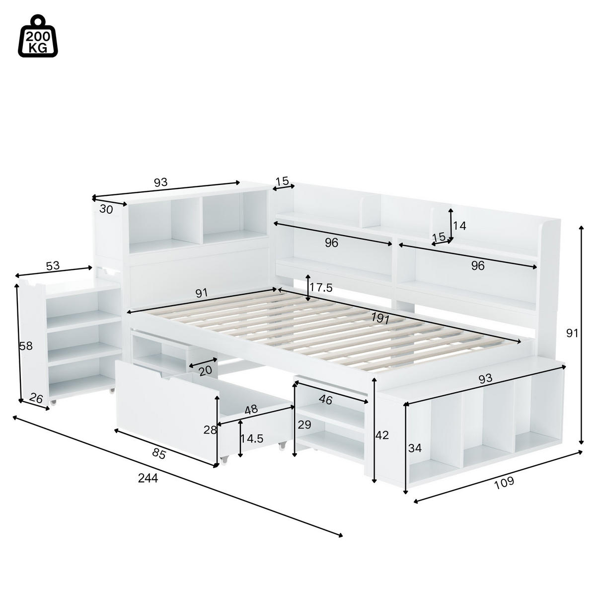 KINDERBETT 90/190 cm mit Schubladen, Regalen und viel Stauraum, Lattenrost inklusive, Weiß - Weiß, Holzwerkstoff (90/190cm) - Redom
