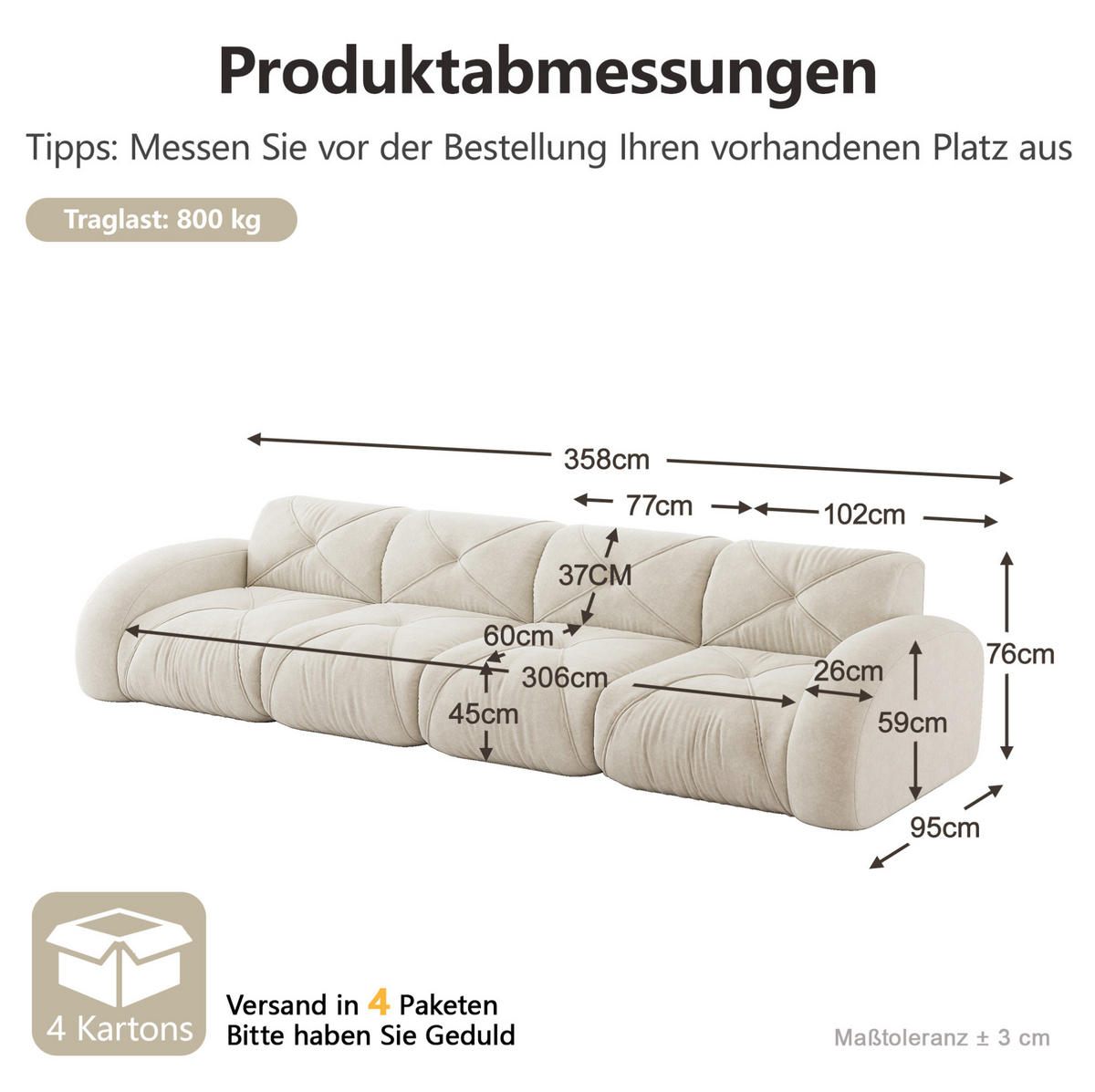 SOFA 358/95/76 cm in Hellbeige aus Chenille mit modularem Design - Beige, Textil (95/76/358cm) - Flora Grace
