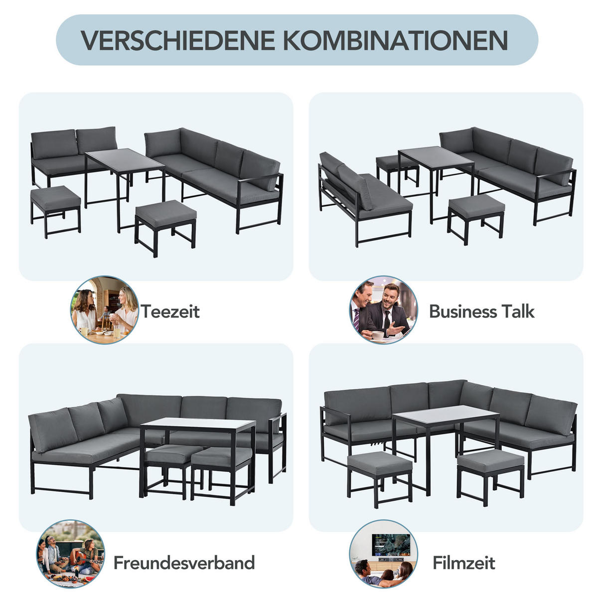 GARTENLOUNGE-SET mit Liegefunktion,Gartenmöbel-Set mit verstellbarer Rückenlehne,grau - Dunkelgrau/Schwarz, Textil/Metall - STILVORA