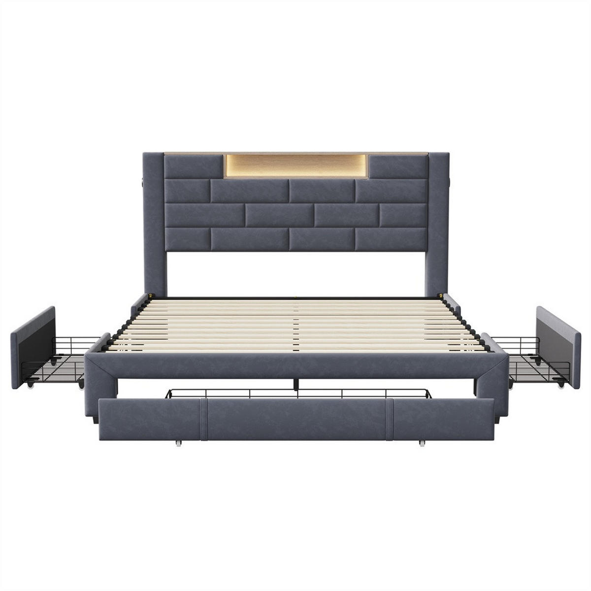 POLSTERBETT 140x200 cm - mit LED-Beleuchtung, USB/Type-C-Ladefunktion, Ablagekopfteil, Schubladen - Grau - Grau, Textil (140/200cm) - DELFA