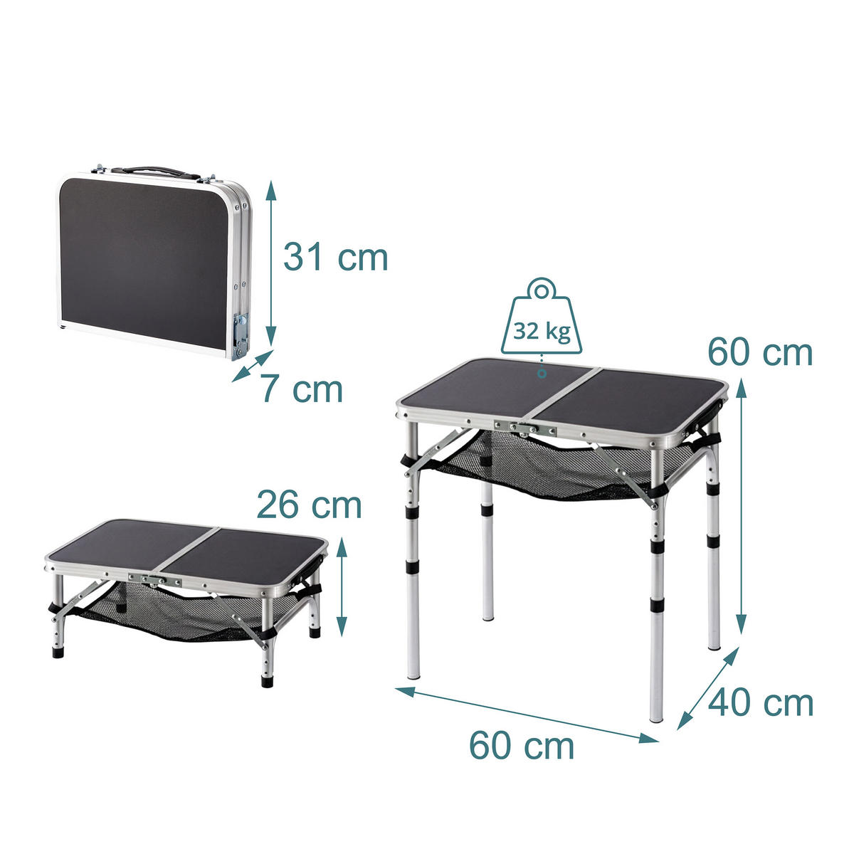 CAMPINGTISCH - Schwarz, Holzwerkstoff/Metall (40/60/60cm) - Relaxdays
