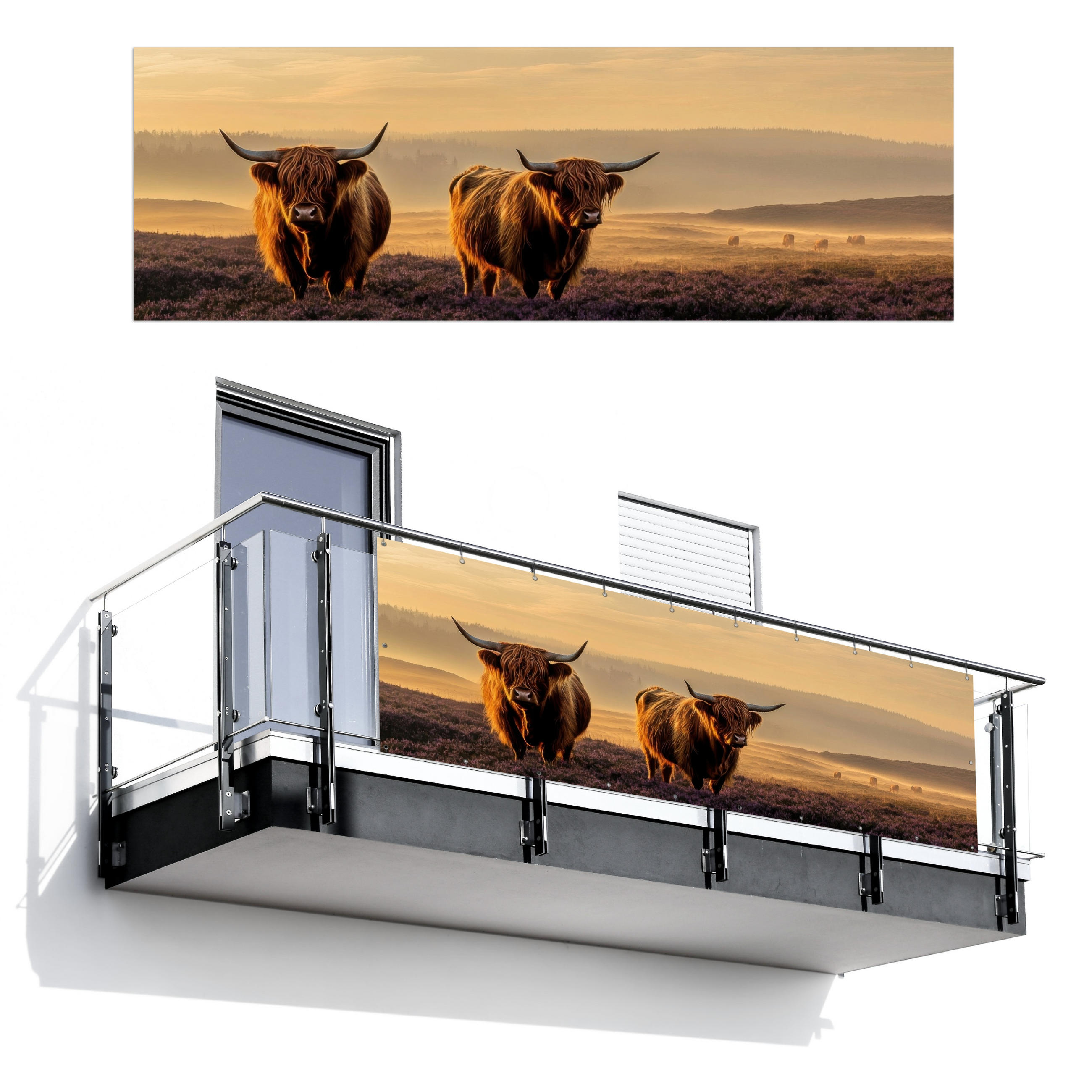 BALKON-SICHTSCHUTZ Schottische Hochlandbewohner - Heide - Landschaft - Tiere - Cognac, Kunststoff (300/100cm) - MuchoWow