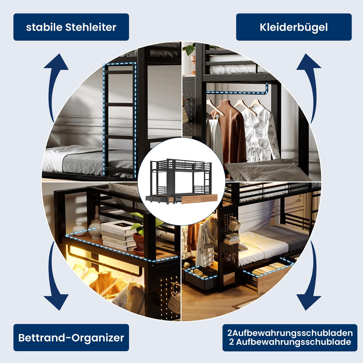 ETAGENBETT 90/200 cm Schwarz mit 4 Schubladen, LED-Lichtleiste und Kleiderstange - Schwarz, Metall (90/200cm) - Oxeza