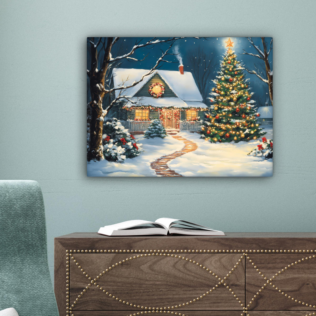 LEINWANDBILD Weihnachten - Weihnachtsbaum - Winter - Zuhause - Schnee 40x30 cm - Smaragdgrün, Textil (40/30cm) - MuchoWow