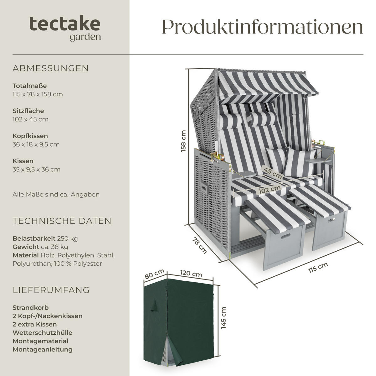 STRANDKORB Sylt,115 x 158 x 78 cm,grau/weiß - Weiß/Grau, Holz (78/158/115cm) - tectake