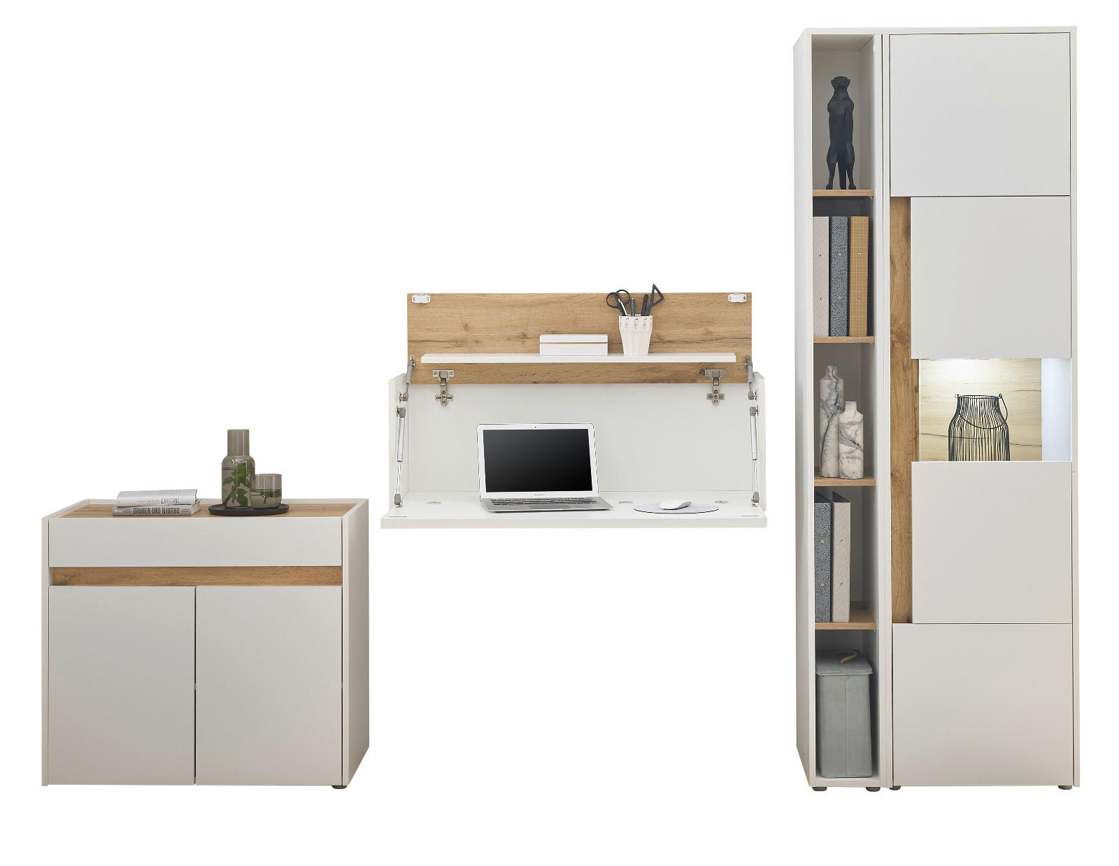 AKTENSCHRANK Set 4-teilig weiß matt, Eiche Wotan 290 cm, Büromöbelkombination mit Sekretär und viel Stauraum - Eichefarben/Silberfarben, Glas/Holzwerkstoff (290/200/40cm) - Furn.Design