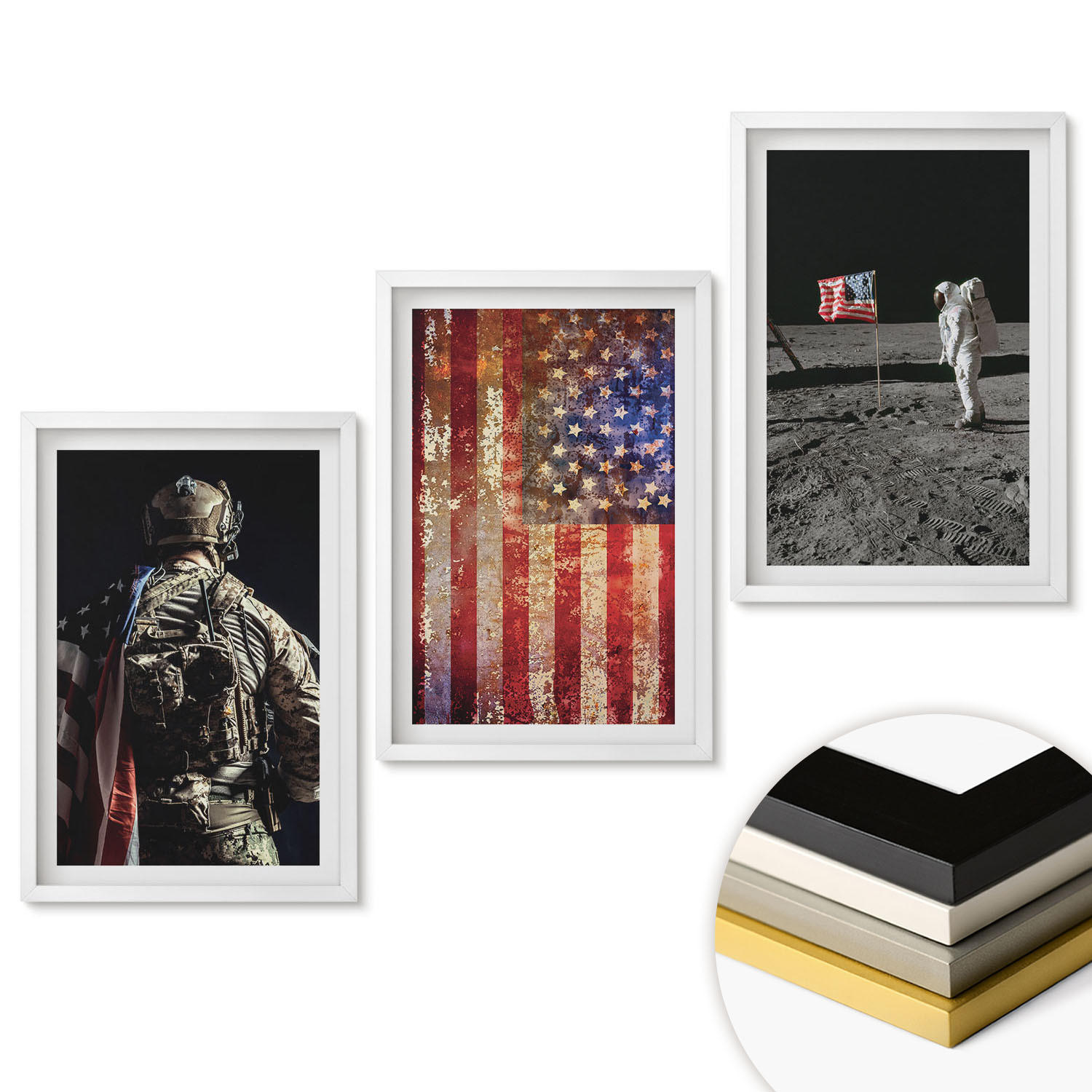 WANDBILDER 3er-Set - 40x60 cm Weißer Rahmen - Amerikanische Symbole, USA-Flagge - Weiß, Kunststoff (40/60cm) - ArtPrintCave