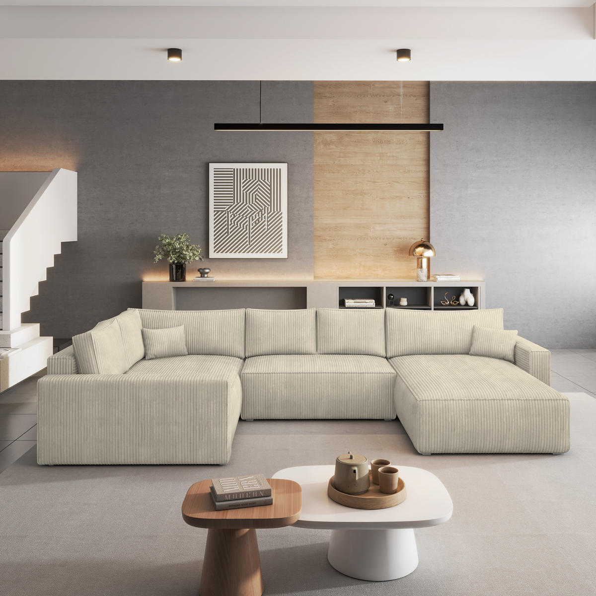 ROHOVÁ SEDAČKA VELAMI krémová - šedá/krémová, dřevo/textil (365/194cm) - MASSENO