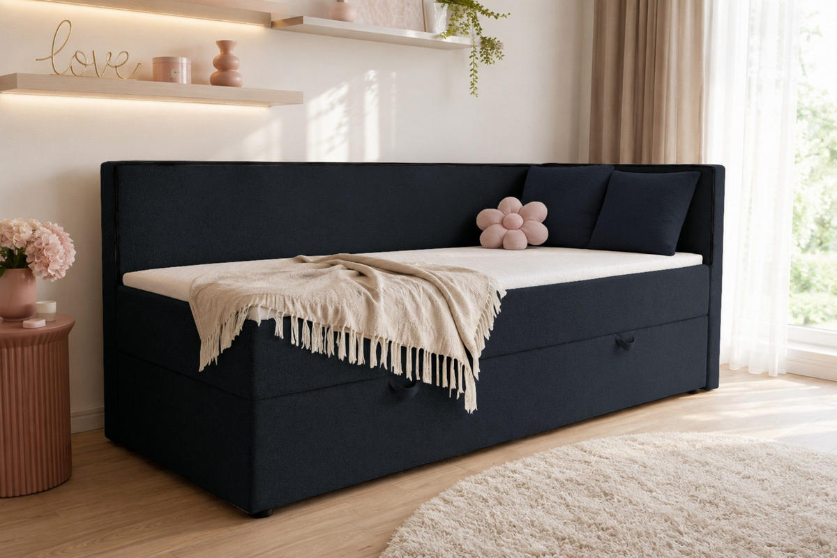 BOXBETT GINA 90/200 in Boucle Dunkelblau H4 - Dunkelblau, Holz/Holzwerkstoff (90/200cm) - Deine Möbel 24