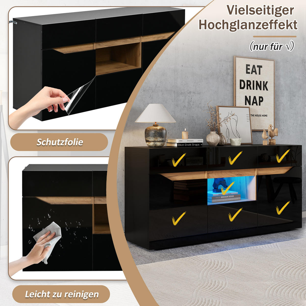 SIDEBOARD LED Schwarz Holz 4 Schubladen 2 Fächer 140x40x70cm - Schwarz, Holzwerkstoff (40/70/140cm) - FLIEKS