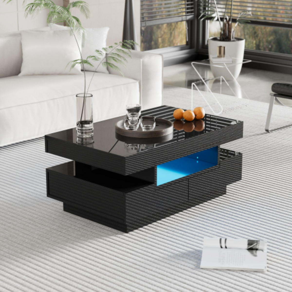 COUCHTISCH Schwarz aus Spanplatte mit Hochglanzoberfläche und integrierter LED-Beleuchtung 80×50×36 cm - Schwarz, Holzwerkstoff (50/80/36cm) - Luhomfu
