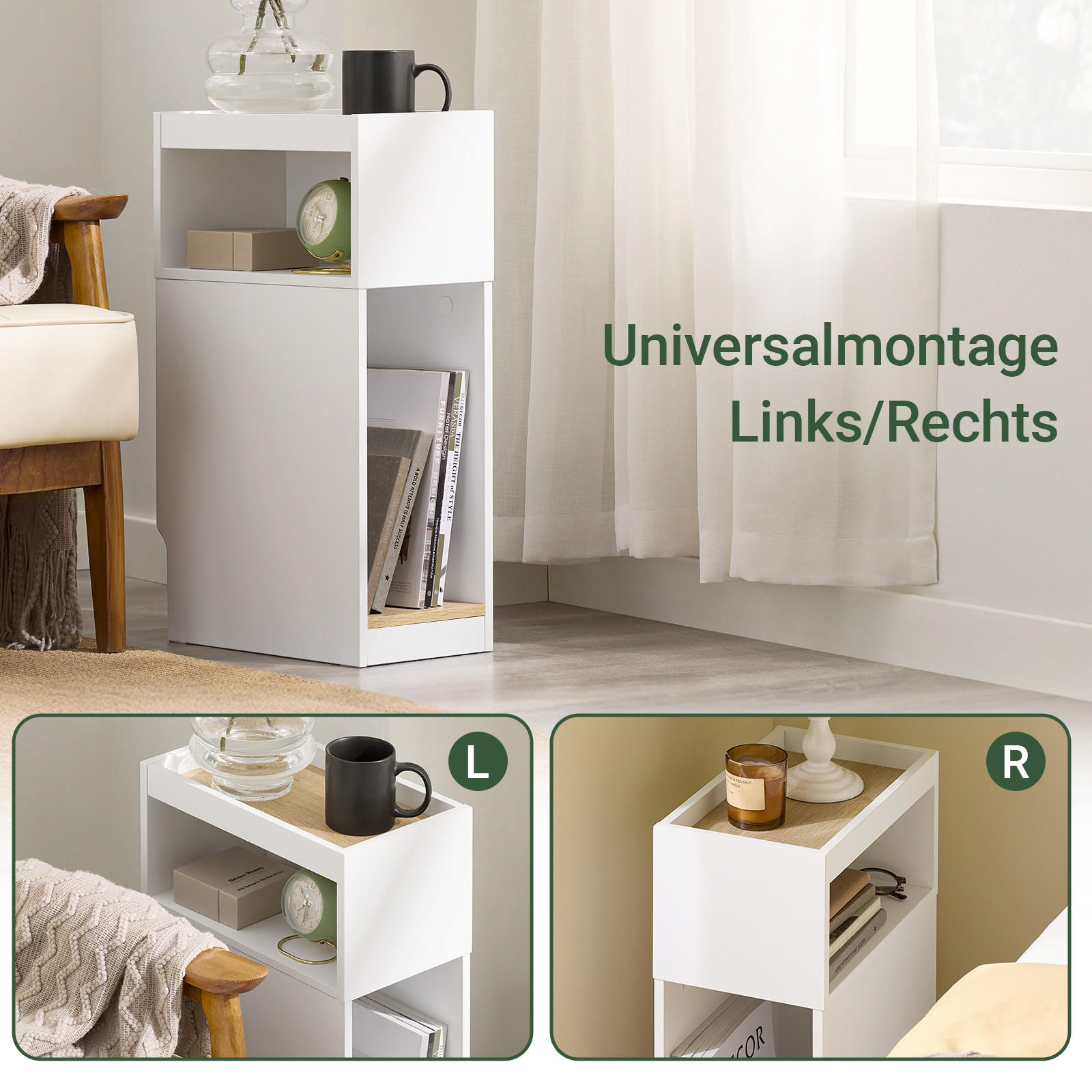 NACHTTISCH mit Seitenablage, Weiß, 20x35x60cm - Weiß, Holzwerkstoff (20/60/35cm) - SoBuy