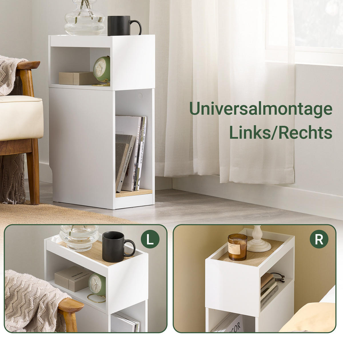 NACHTTISCH mit Seitenablage, Weiß, 20x35x60cm - Weiß, Holzwerkstoff (20/60/35cm) - SoBuy