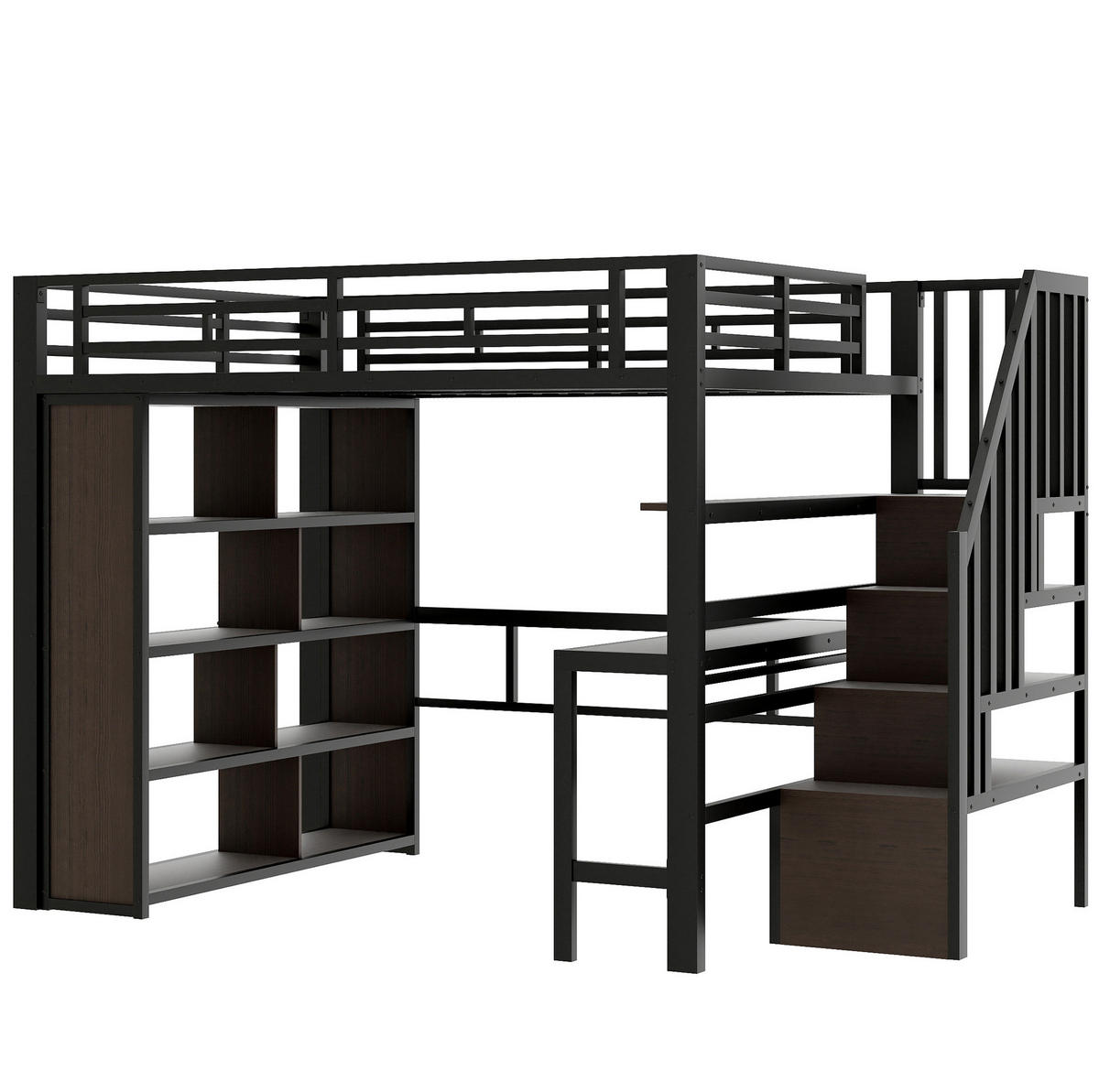 HOCHBETT 140/200 cm Schwarz mit Schreibtisch, Stauraumtreppe und LED-Beleuchtung - Schwarz, Metall (140/200cm) - Flora Grace