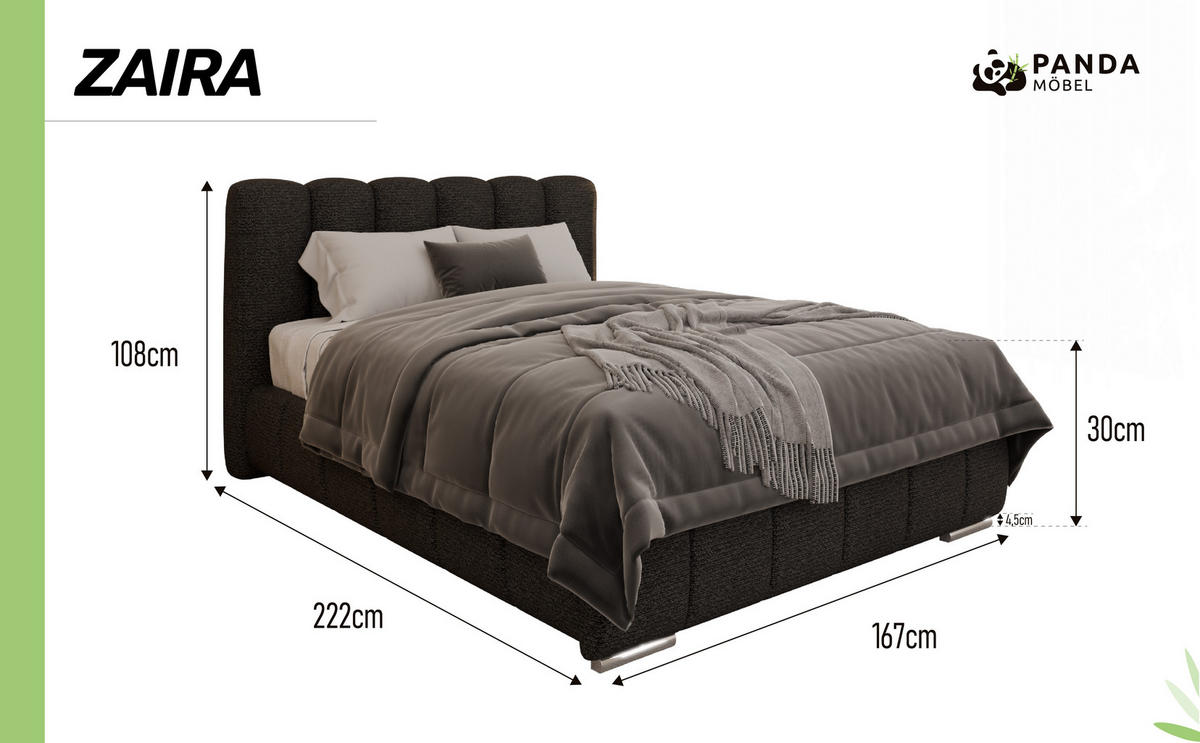 POLSTERBETT Zaira 140x200cm – Elegantes Polsterbett für modernen Wohnstil , ZONIERTE TASCHENFEDERN KOKOS (21cm), schwarz - Schwarz, Holz (140/200cm) - Panda Möbel