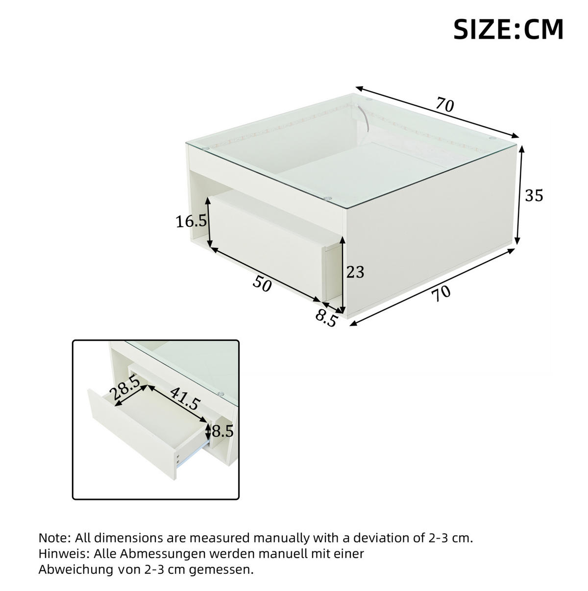 COUCHTISCH 70/70/35 cm mit LED-Beleuchtung, 2 Schubladen und Glasplatte, Weiß - Weiß, Holzwerkstoff (70/70/35cm) - Redom