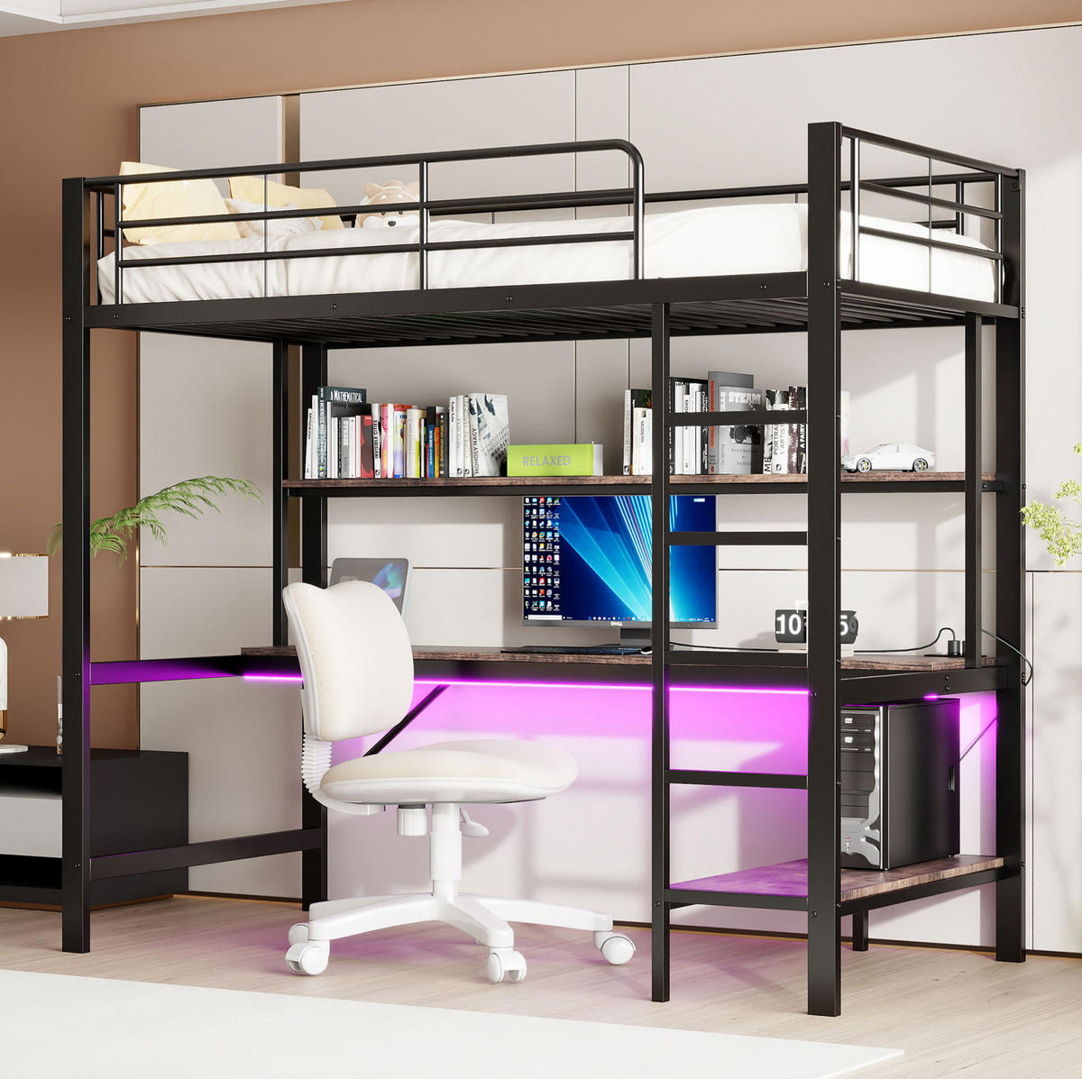 HOCHBETT aus Metall und MDF 90x200 cm Schwarz mit Schreibtisch, Regal, USB, Steckdose und LED-Ambientelicht - Schwarz, Metall (70/180cm) - Modfu